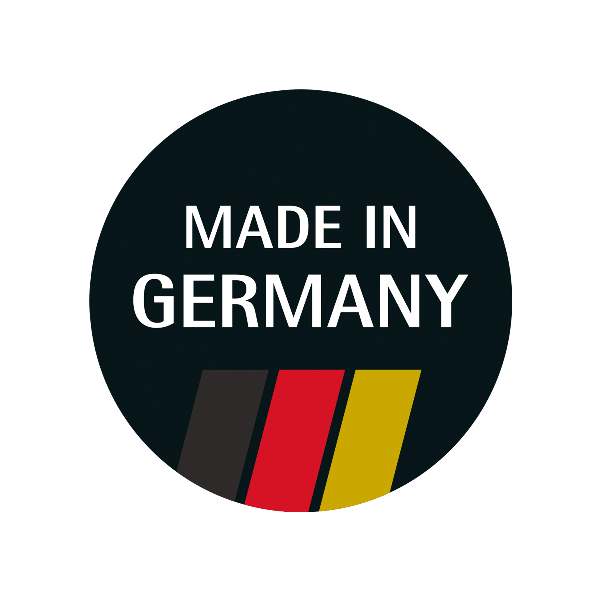 Ein schwarzer Kreis mit den Worten MADE IN GERMANY in Weiß und den deutschen Flaggenfarben.
