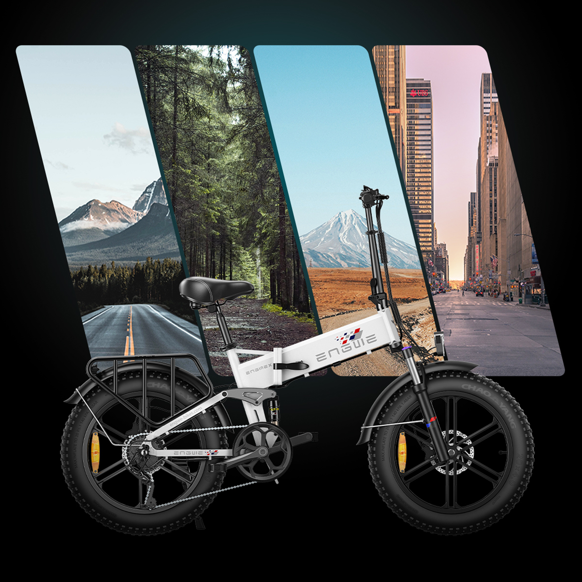 Weißes Elektrofahrrad. Der Hintergrund zeigt Berge, Straße, Wald und Stadt.