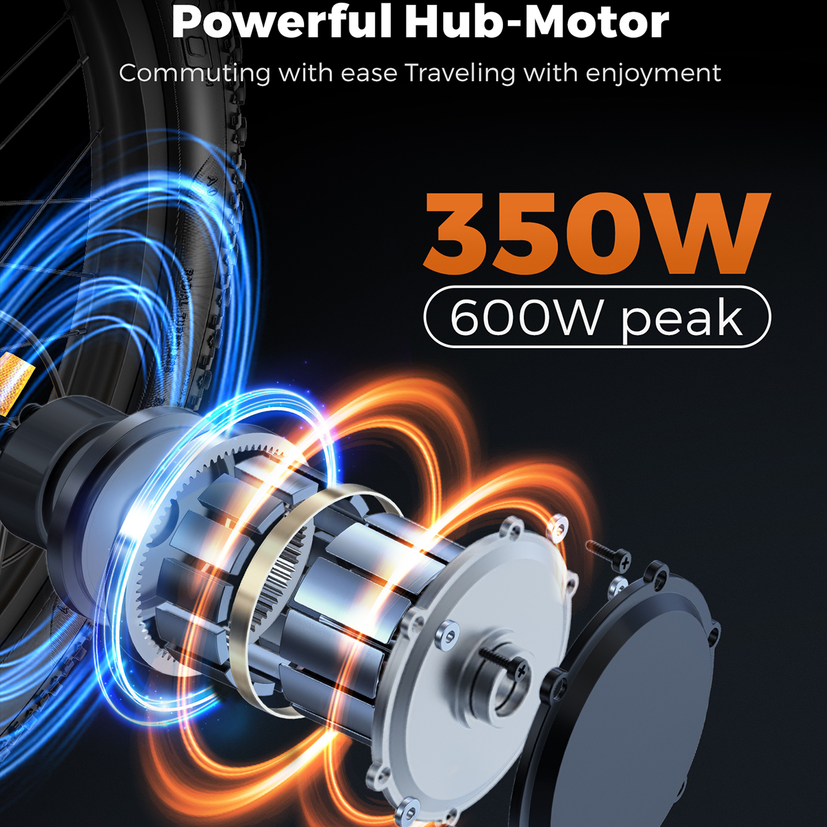 Widok przekrojowy silnika piasty. Tekst: Potężny silnik piasty, 350W, szczyt 600W. Widoczne niebieskie i pomarańczowe linie energii.