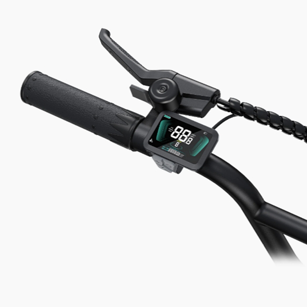 Zbliżenie na kierownicę roweru z cyfrowym wyświetlaczem pokazującym numery i dźwignię, w kolorze czarnym.