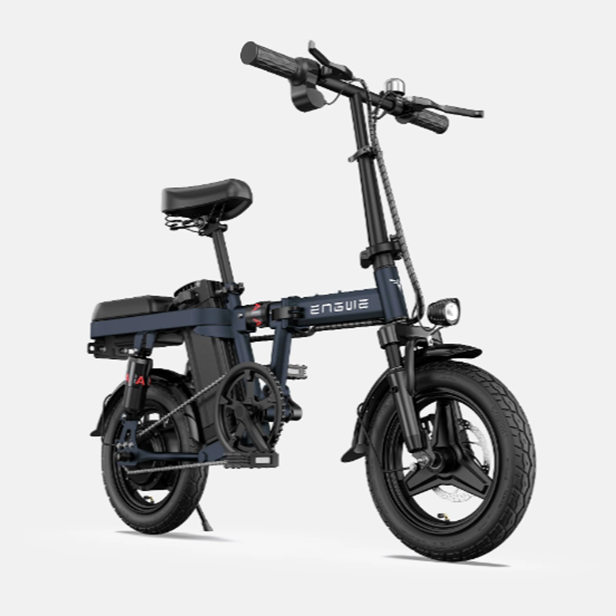 Składany rower elektryczny w kolorze niebieskim z czarnymi elementami, na białym tle.