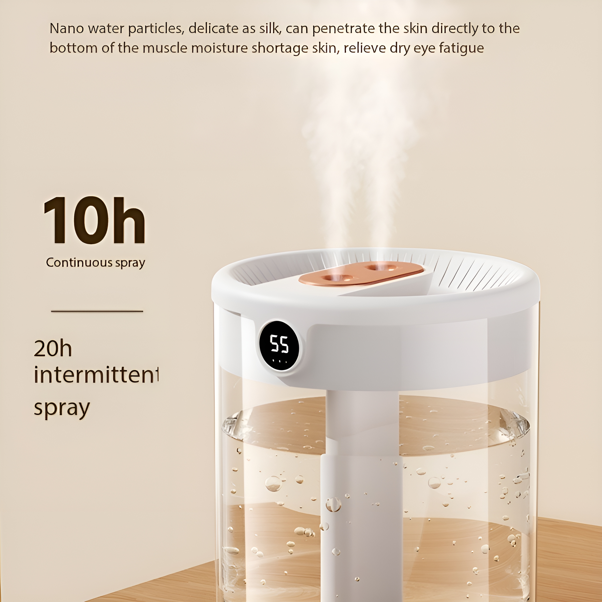 Ein weißer Luftbefeuchter mit digitaler Anzeige, mit Text darüber. Es steht auf einem Holztisch.