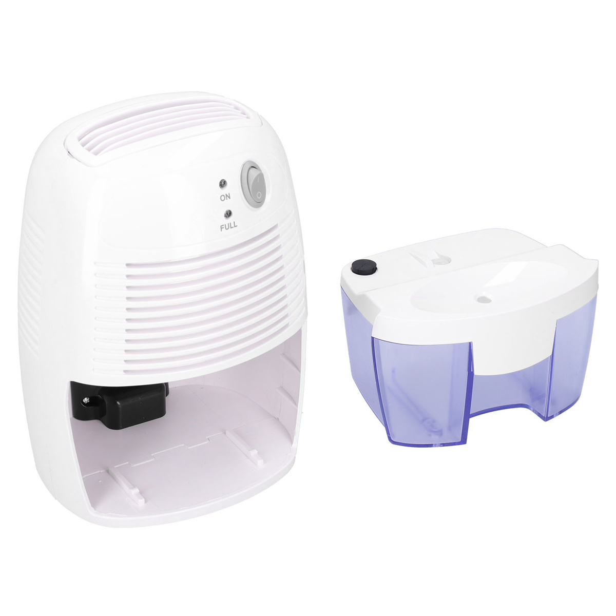 Weißer Luftentfeuchter und ein separater Wassertank. Der Luftentfeuchter hat einen Netzschalter mit der Bezeichnung 'ON'.
