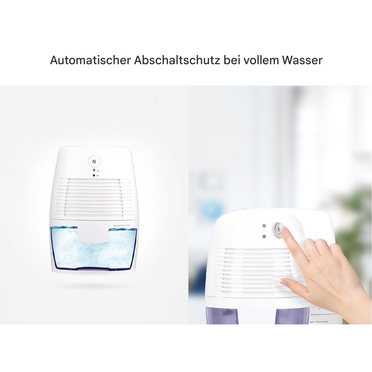 Zwei weiße Luftentfeuchter, einer mit Wasser, einer wird berührt, heller Hintergrund.