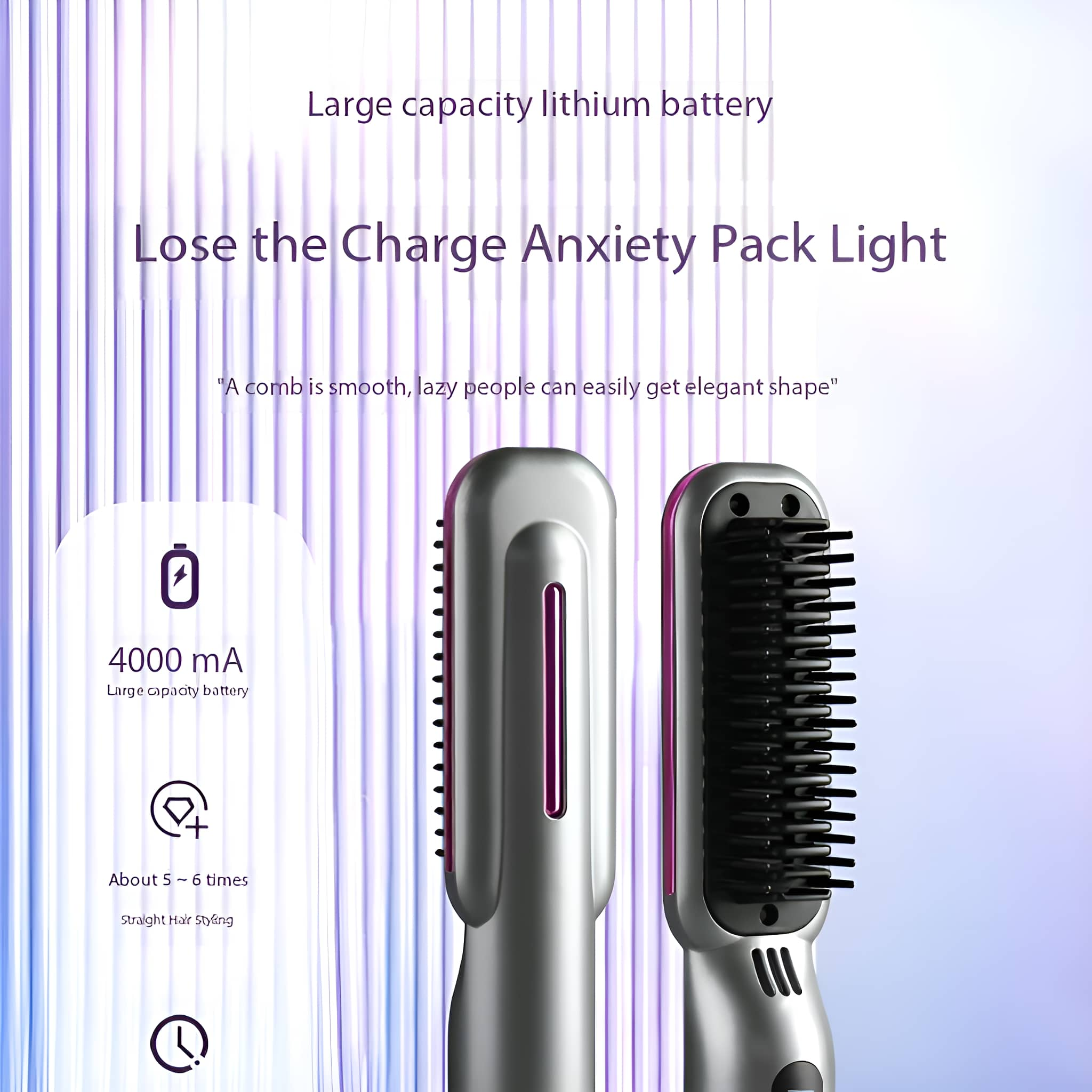 Zwei silberne Haarstyling-Bürsten mit Text über Batterie und Styling.