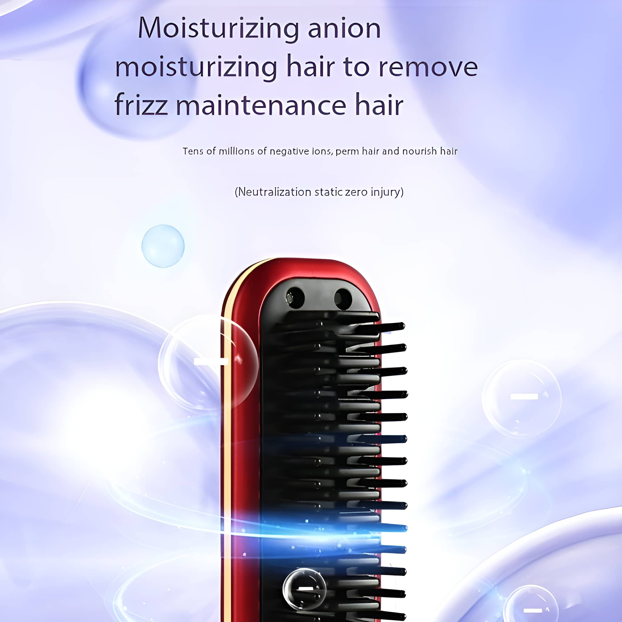 Ein rot-schwarzer Haarglätter mit einem schwarzen Borstenkamm. Es entfernt Frizz und spendet dem Haar Feuchtigkeit.