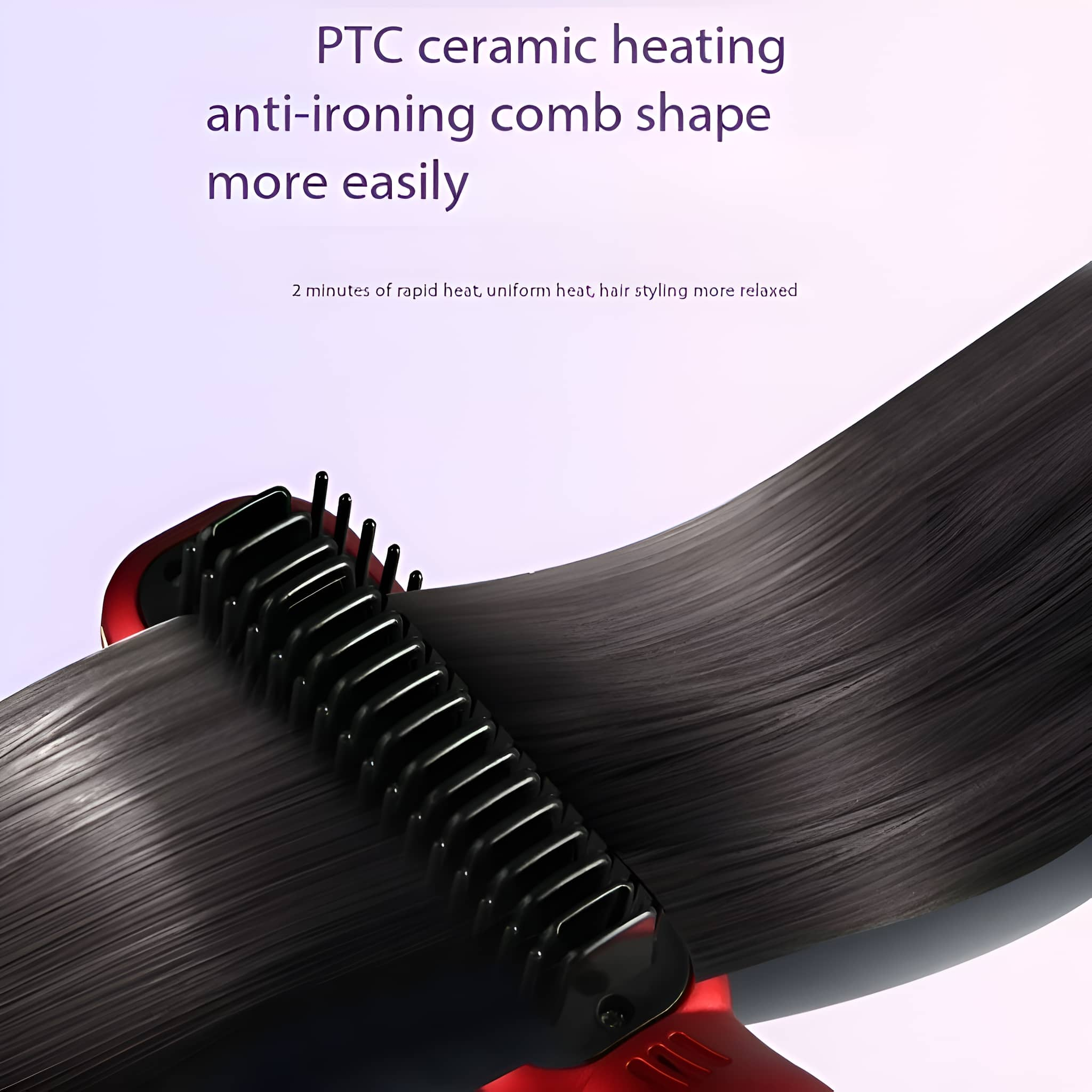 Haarglätter-Kamm, schwarze Borsten, roter Griff, auf schwarzem Haar. Text über PTC-Heizung.
