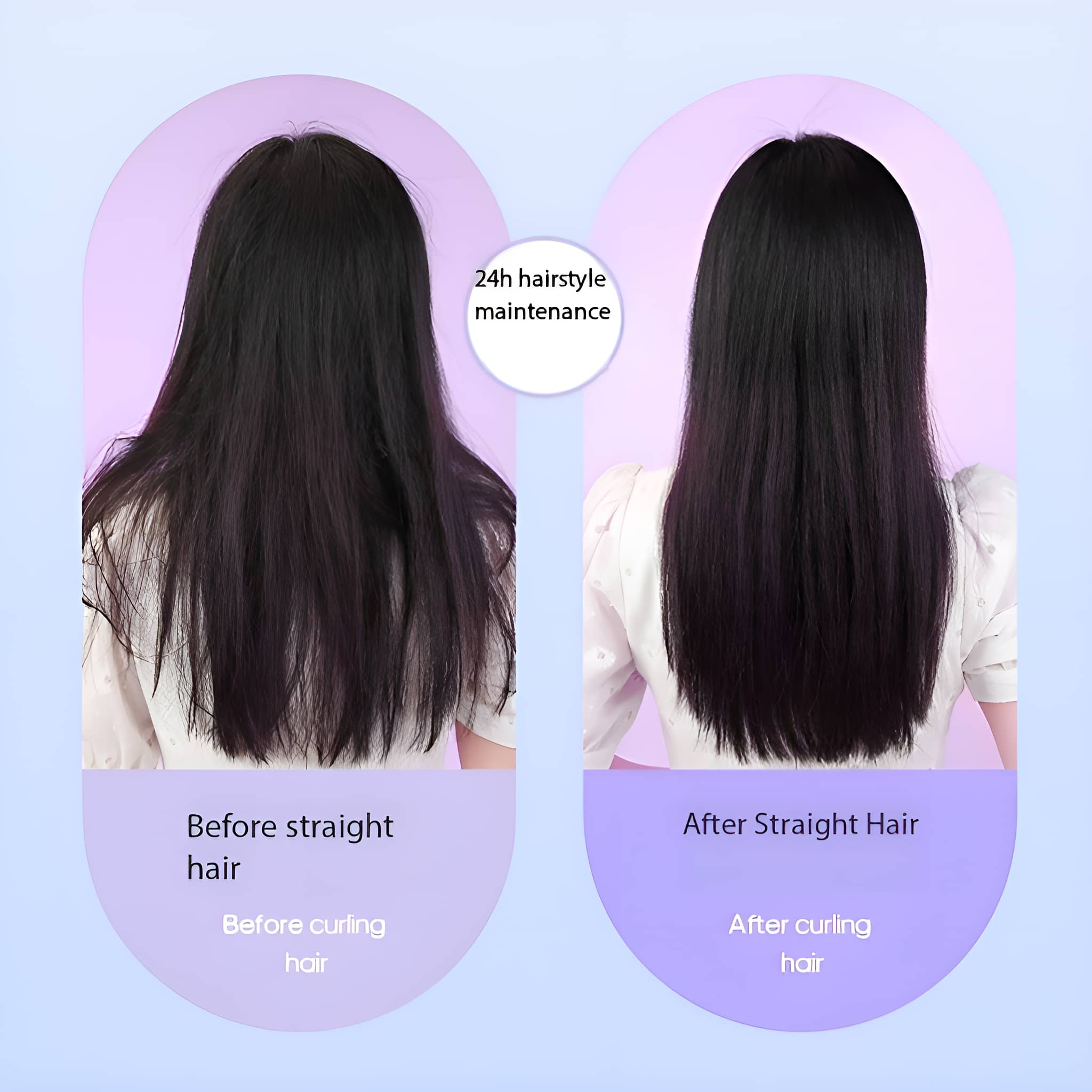 Zwei Bilder, die Haare zeigen: Vor dem Glätten und nach dem Glätten. Lila Hintergrund.