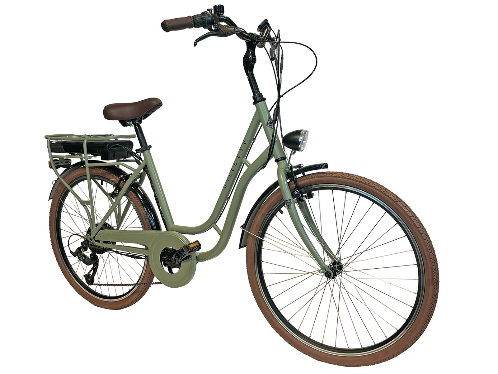 Zielony rower z brązowymi oponami i brązowym siedzeniem, na białym tle.