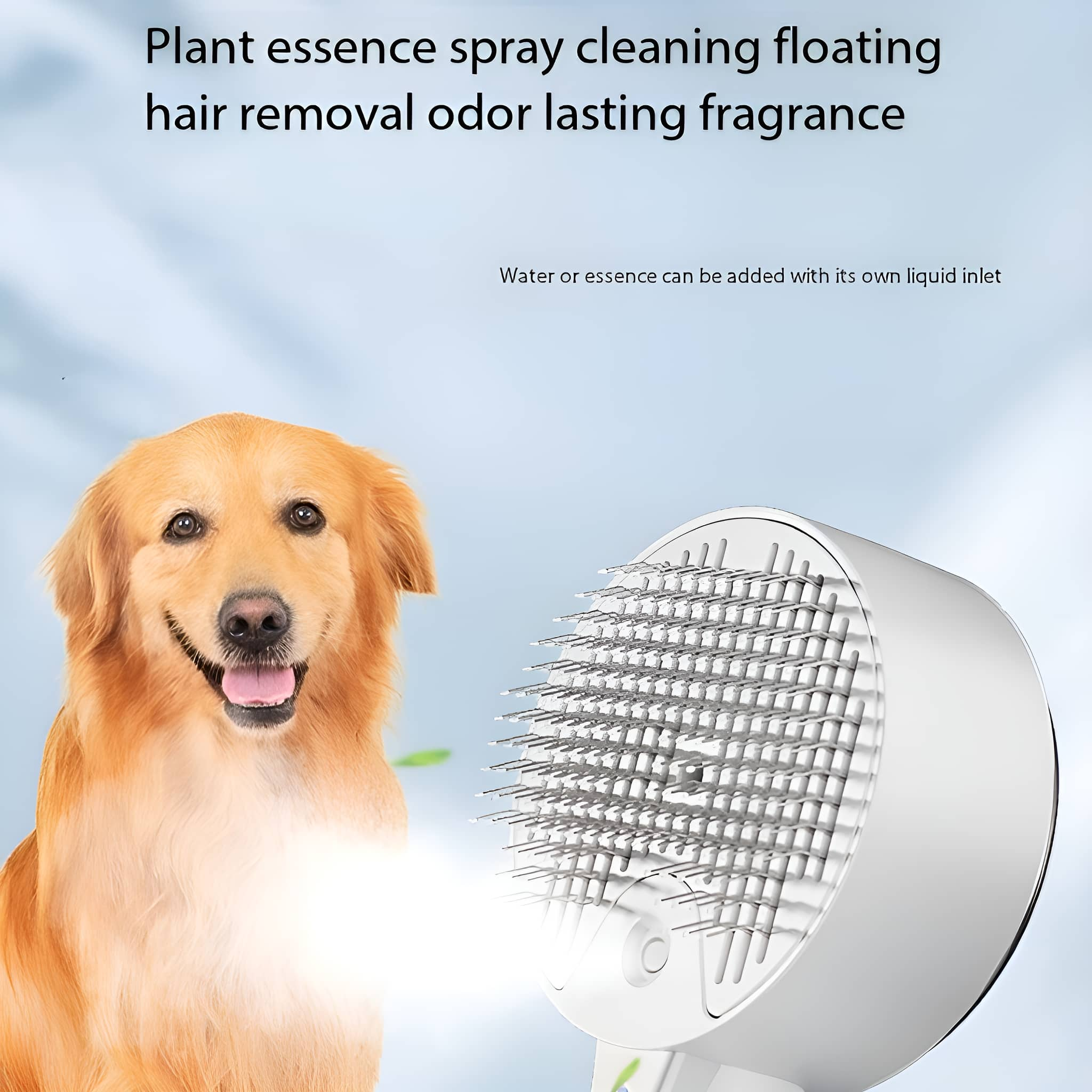 Golden Retriever lächelt neben einer Haustierbürste. Weiße Bürste entfernt Haare. Text über Sprühreinigung und Duft.