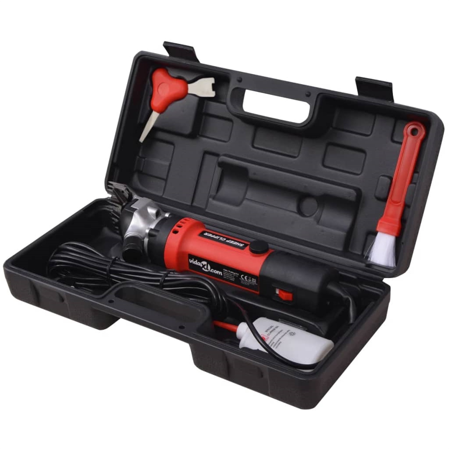 Schwarzer Werkzeugkoffer mit Haarschneidemaschine, Ölflasche und Bürste für die Schafschur.