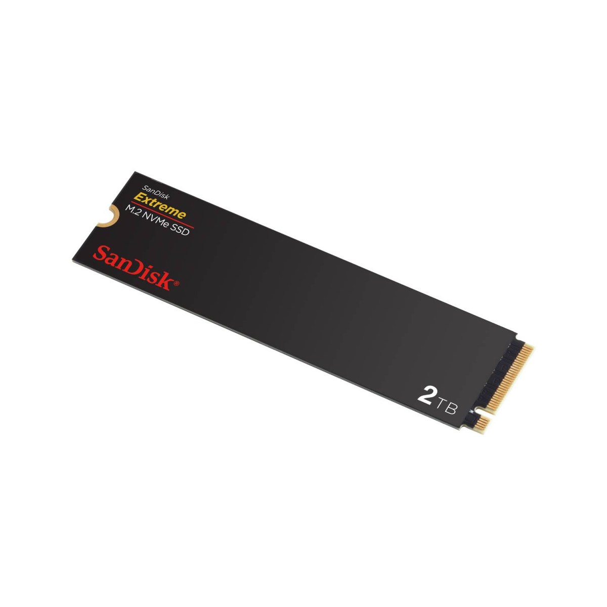 Czarny dysk SSD NVMe M.2 SanDisk Extreme o pojemności 2 TB i logo SanDisk.