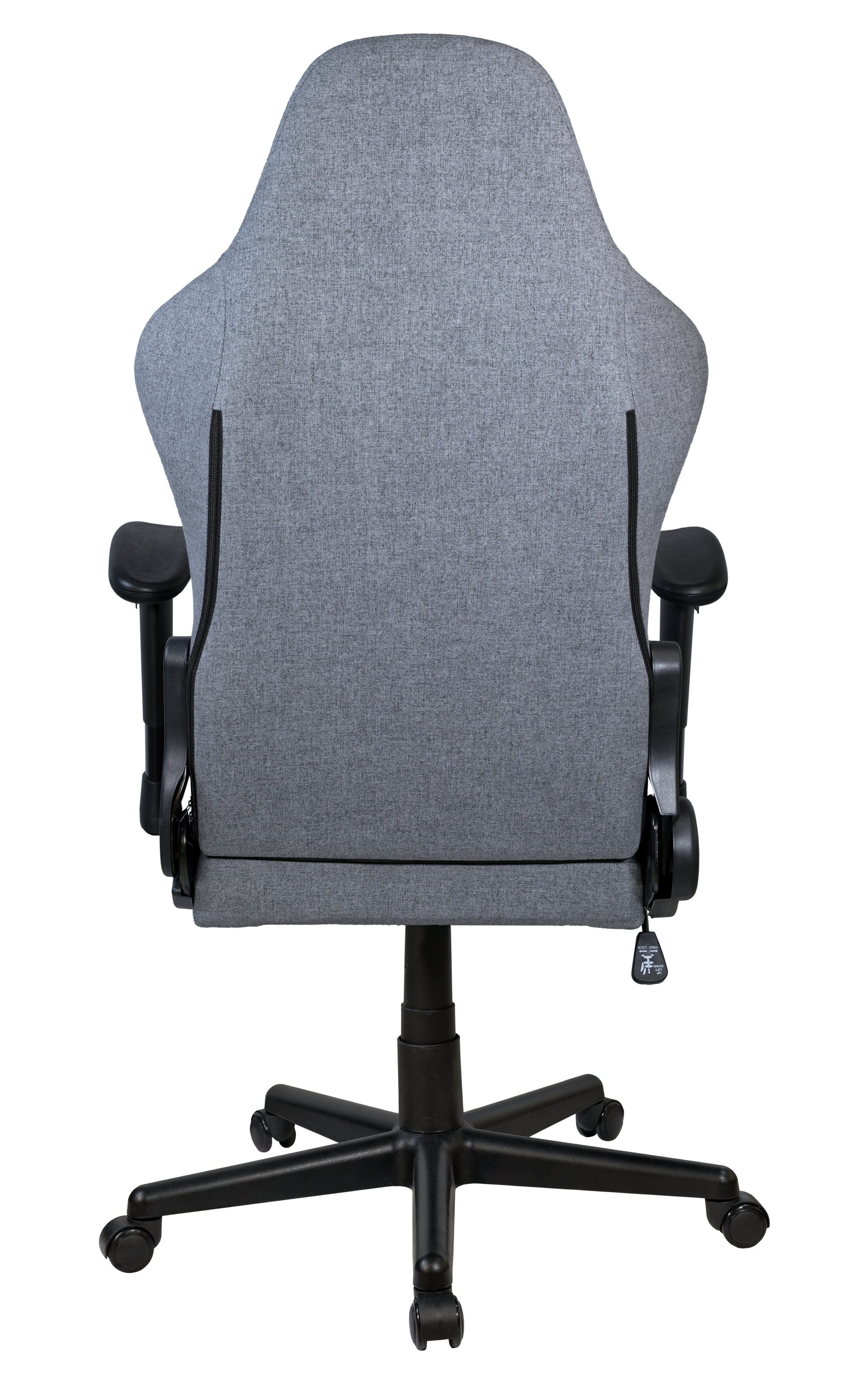 Una silla gamer gris, vista trasera. Tiene respaldo alto con detalles negros, reposabrazos negros y base negra.