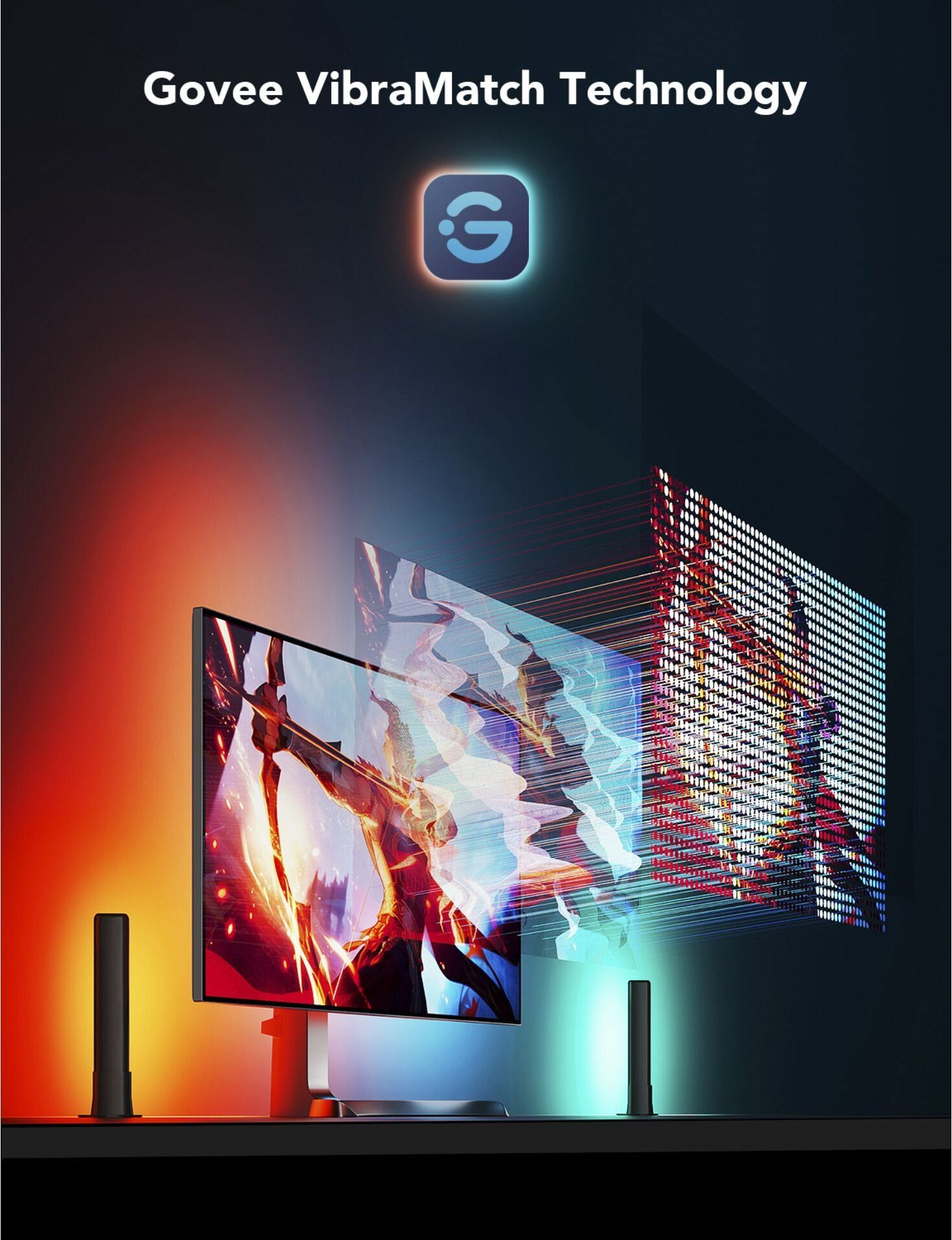 Écran de télévision affichant une image colorée. Concept de technologie Govee VibratMatch. Deux lumières en bas.