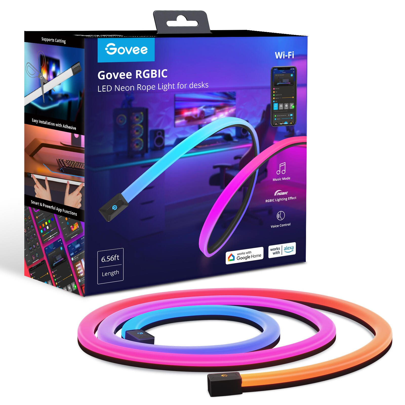 Eine Govee RGBIC LED Neon-Seilleuchte auf einem Schreibtisch. Die Box zeigt Funktionen.