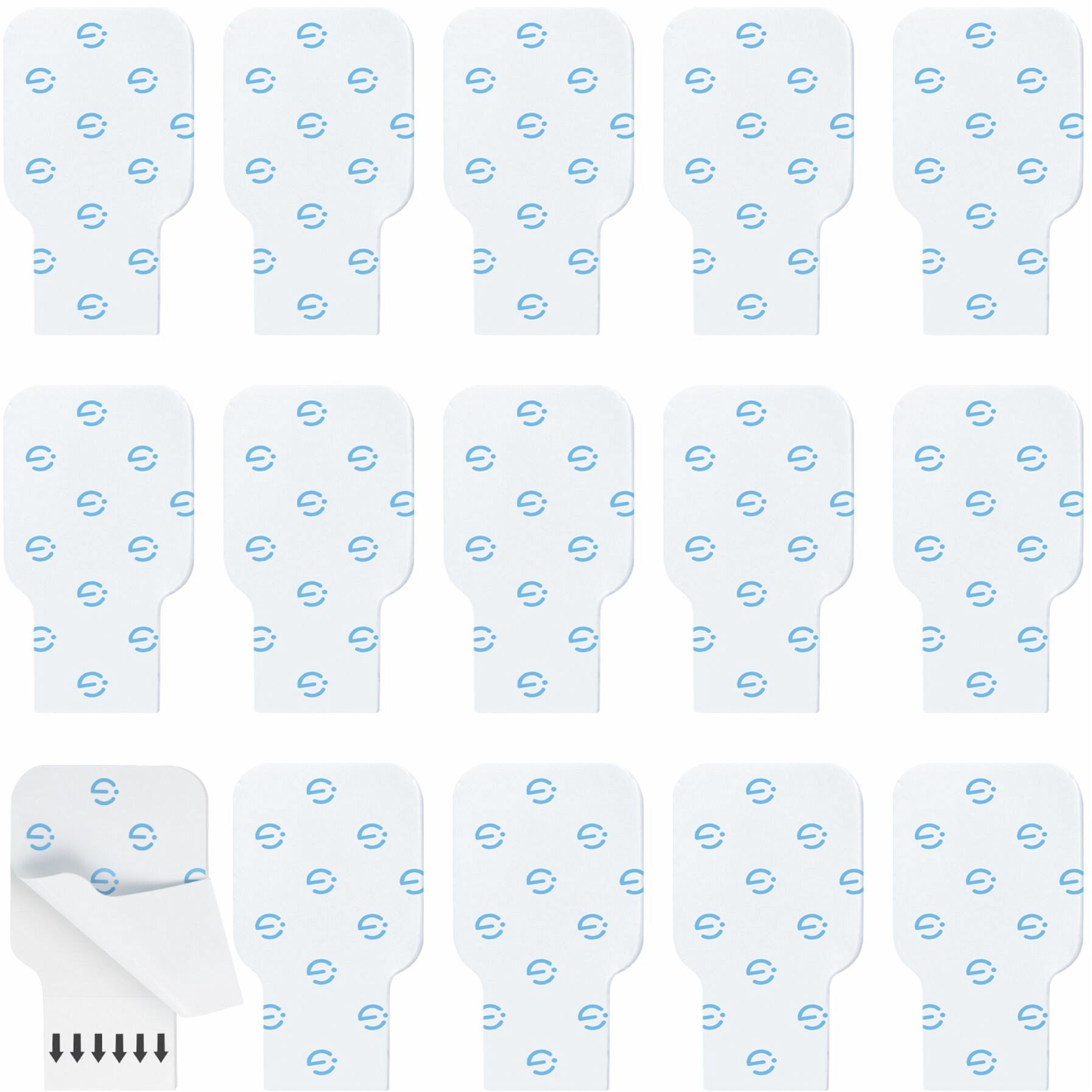 Weiße Klebepads mit blauen Symbolen sind in Reihen angeordnet. Ein Pad hat eine abgezogene Ecke mit Pfeilen.