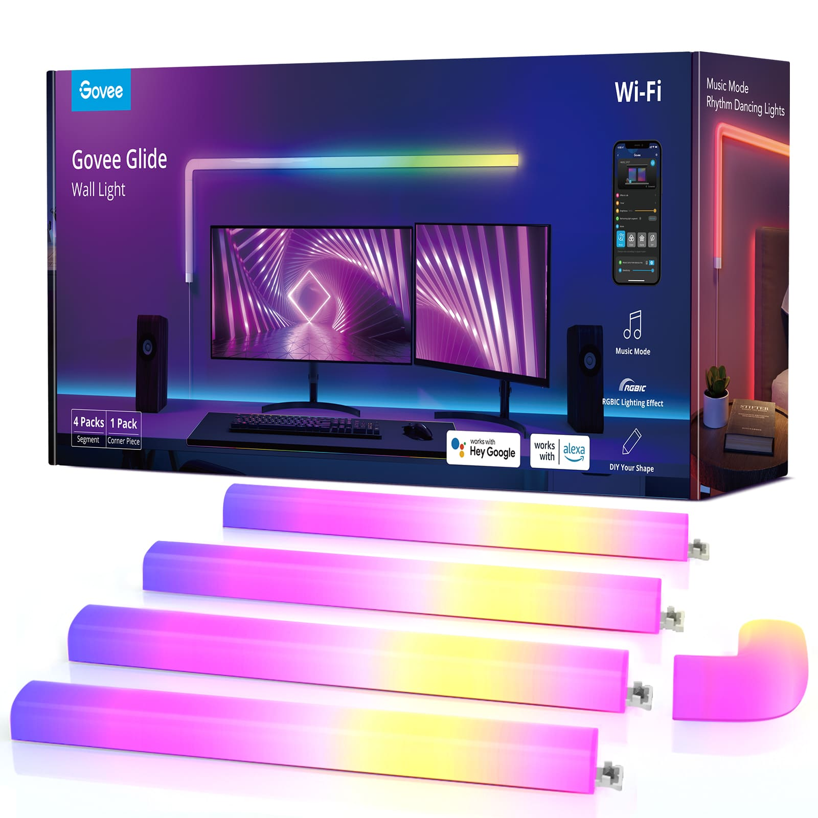 Govee Glide Wandleuchte Box und Lichter auf weißem Grund.