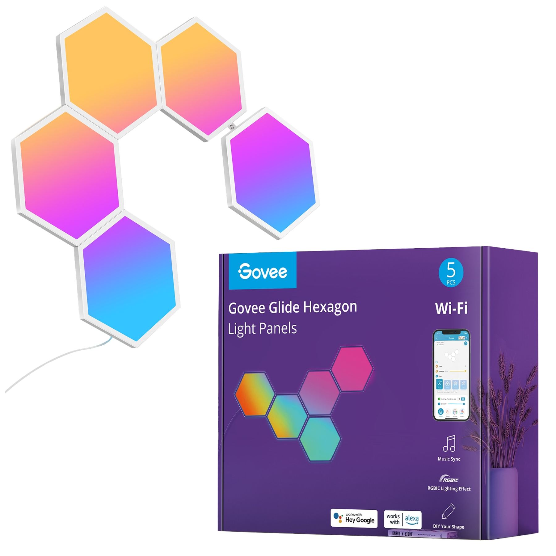 Sechseckige Lichtpaneele mit Farbverläufen und Box mit Produktdetails.