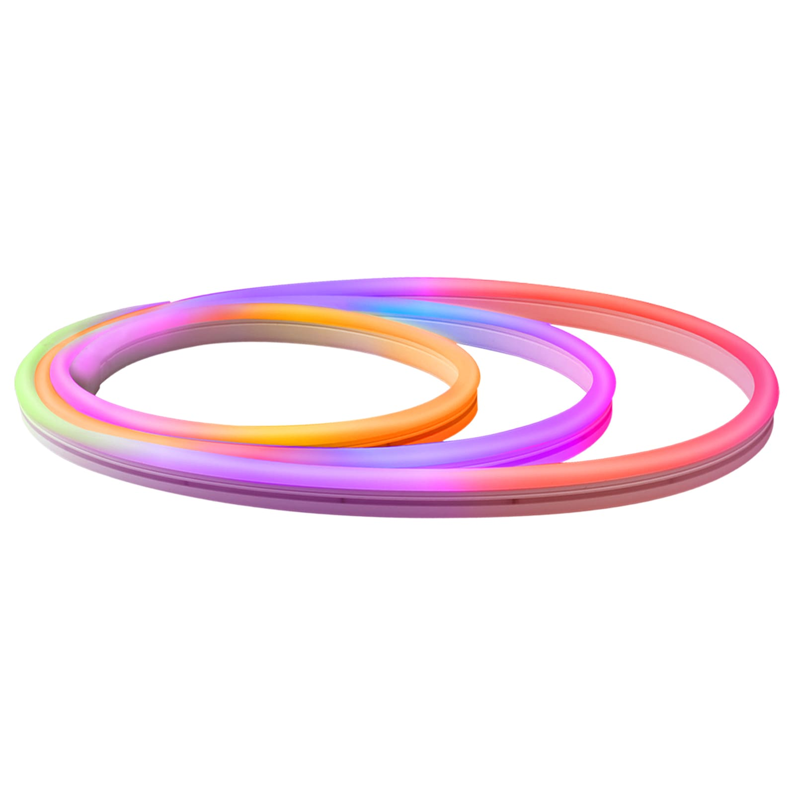 Una luce al neon colorata di forma circolare. Vari colori brillano, tra cui rosa, arancione e verde.