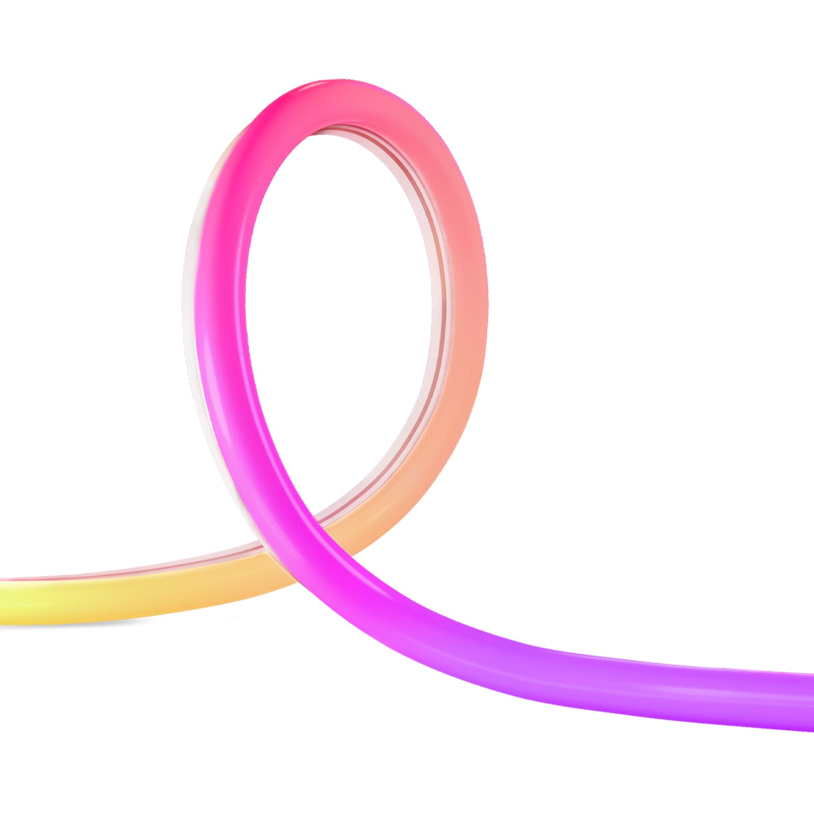 Una luce al neon con un design ad anello nei colori rosa, arancione e viola.