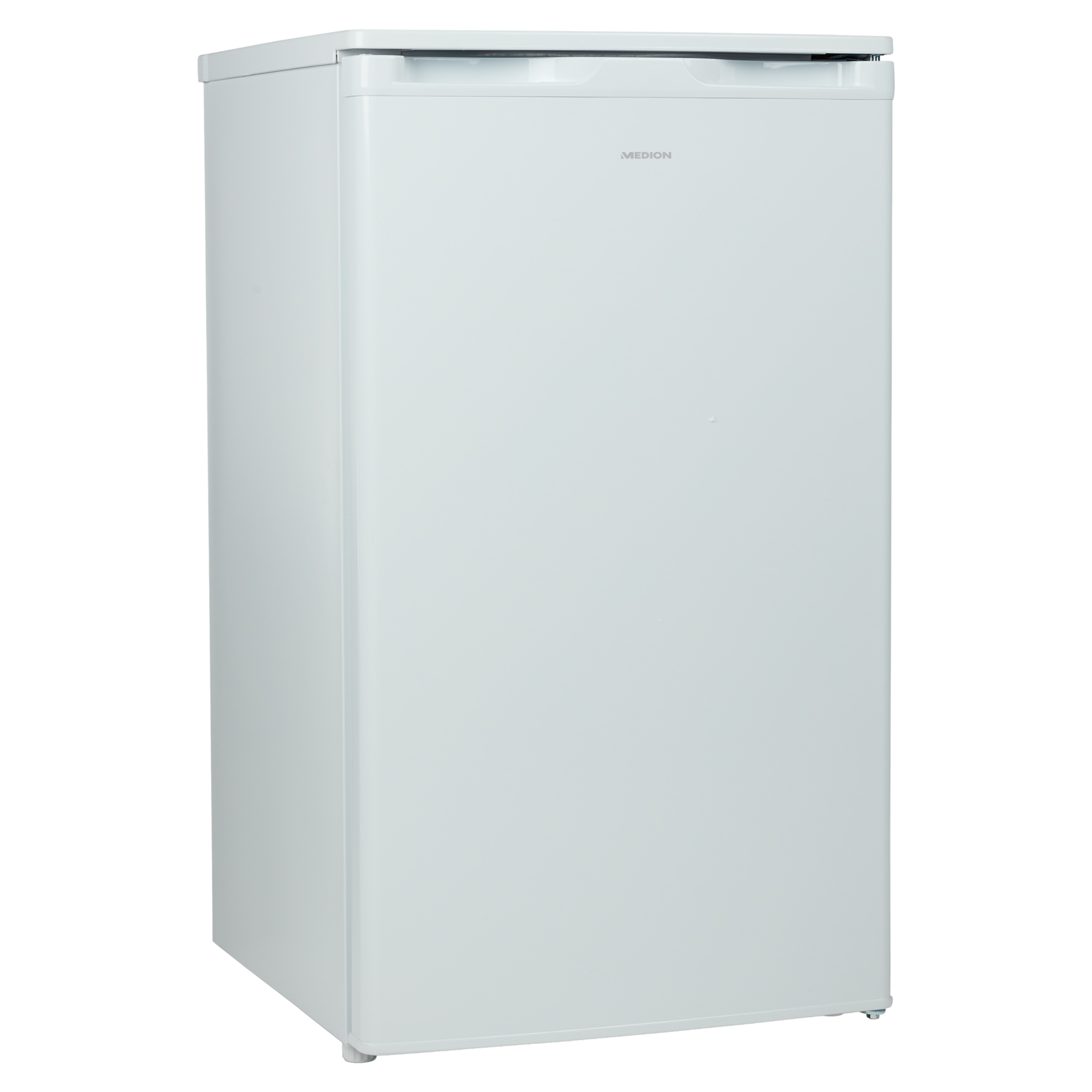 White refrigerator with the brand name MEDION. White background. Perspective shot.