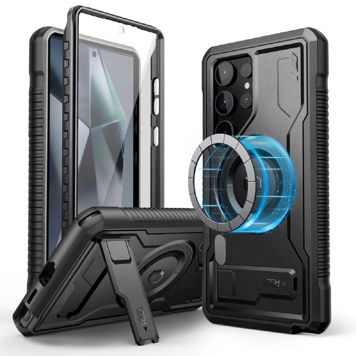 Schwarze Handyhüllen, eine mit Telefon und eine mit Magnetkreis und Ständer.