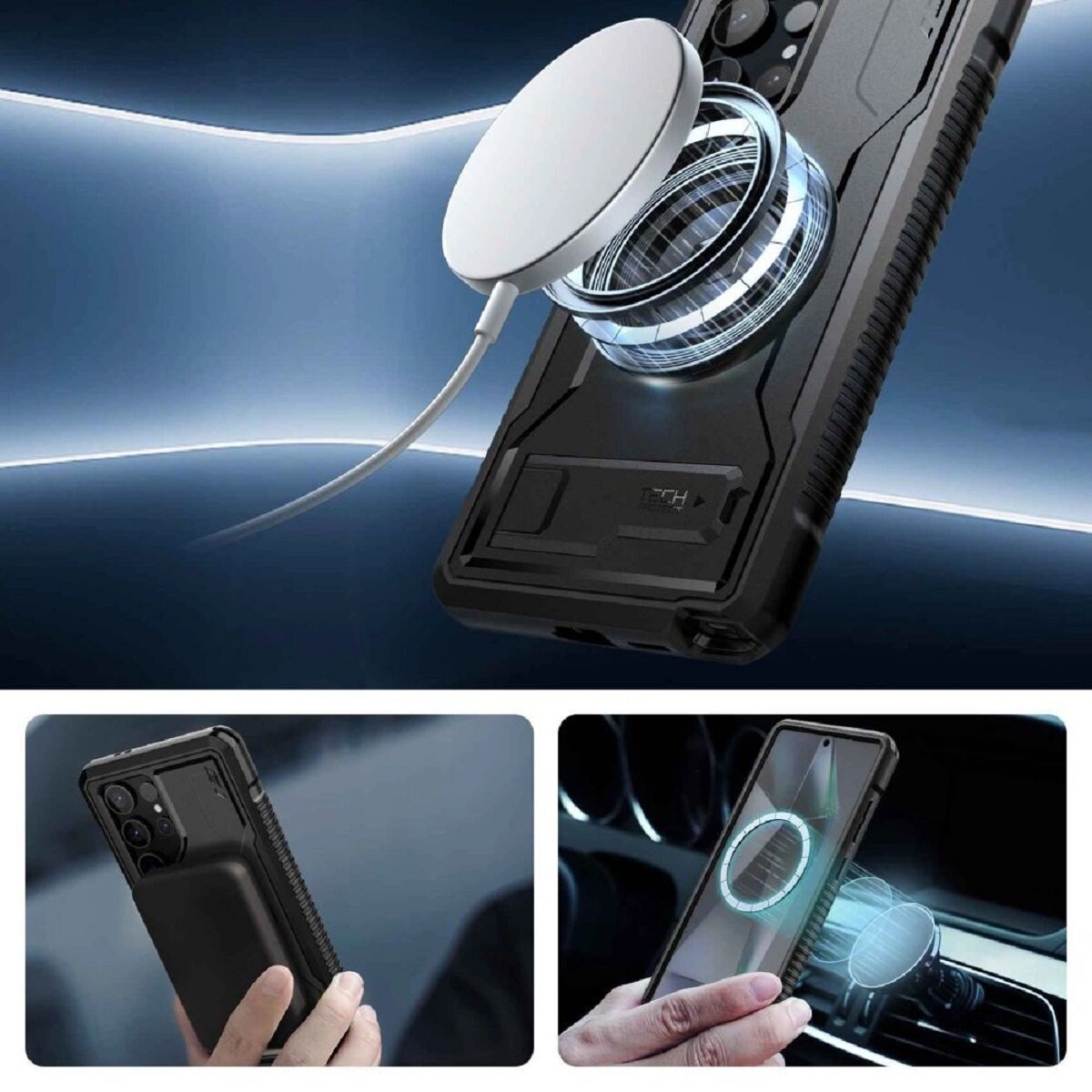 Telefon in einem Gehäuse mit einem weißen Ladegerät. Schwarze Handyhülle, blauer Hintergrund.
