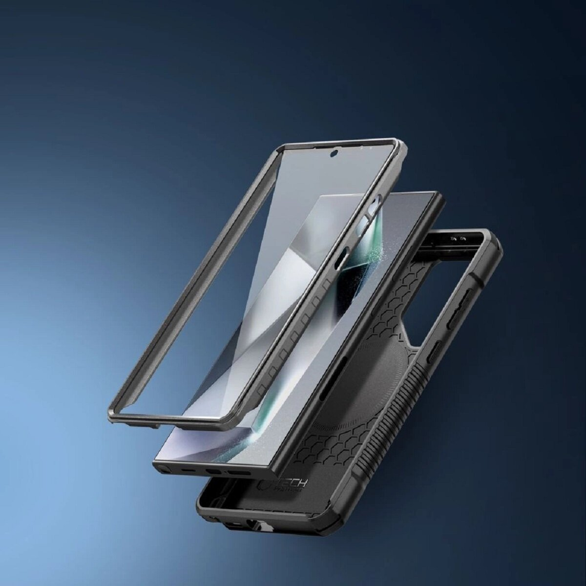 Telefonhüllenkomponenten, geschichtet. Klare Displayschutzfolie, Telefongehäuse und Rückseite.