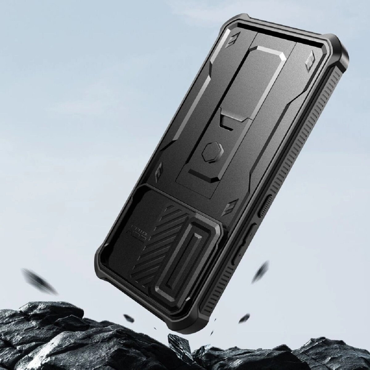 Schwarze Telefonhülle, schräge Ansicht. Robustes Design, mit einer Ständerfunktion.