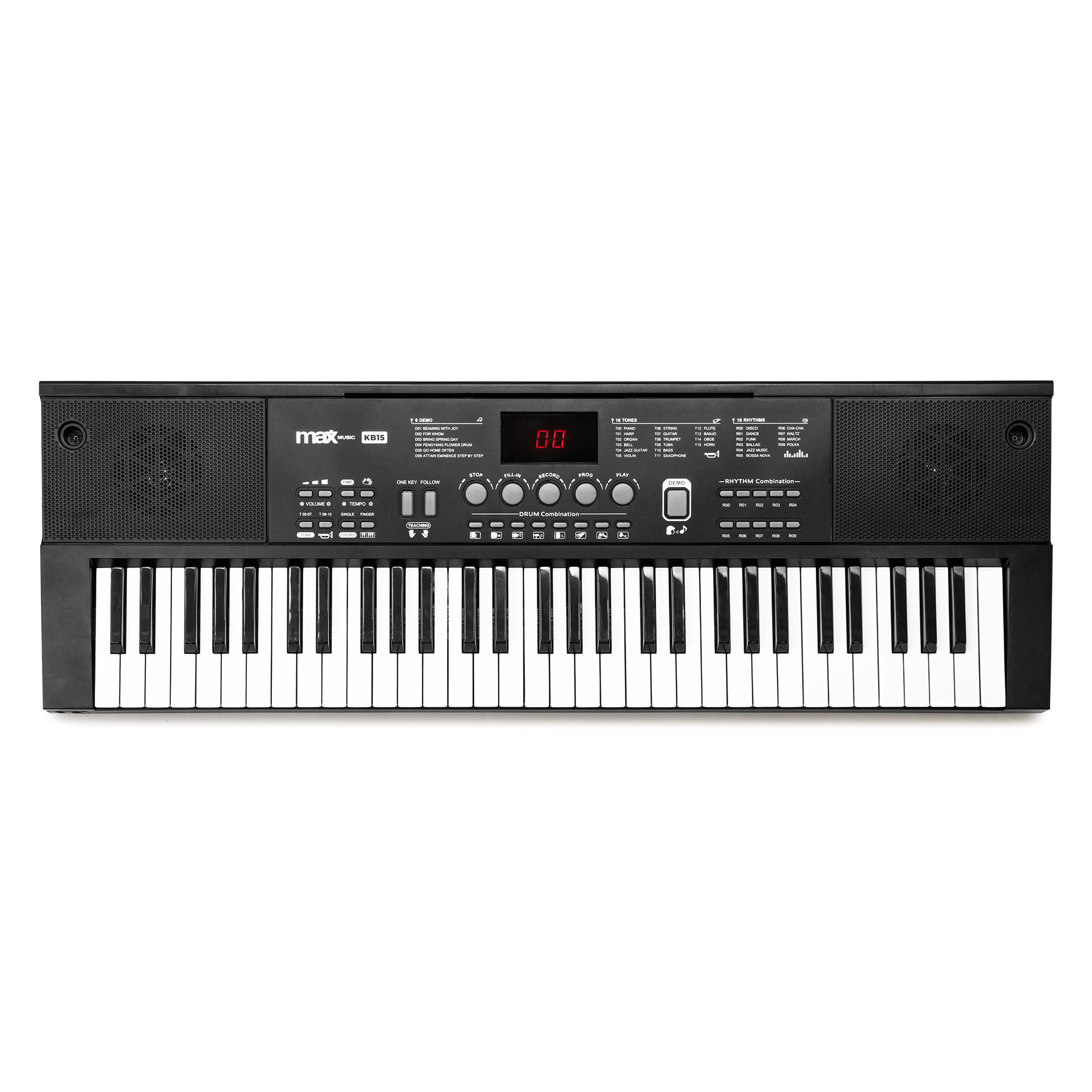 Een zwart keyboard met veel knoppen en een display. Luidspreker aan elke kant.