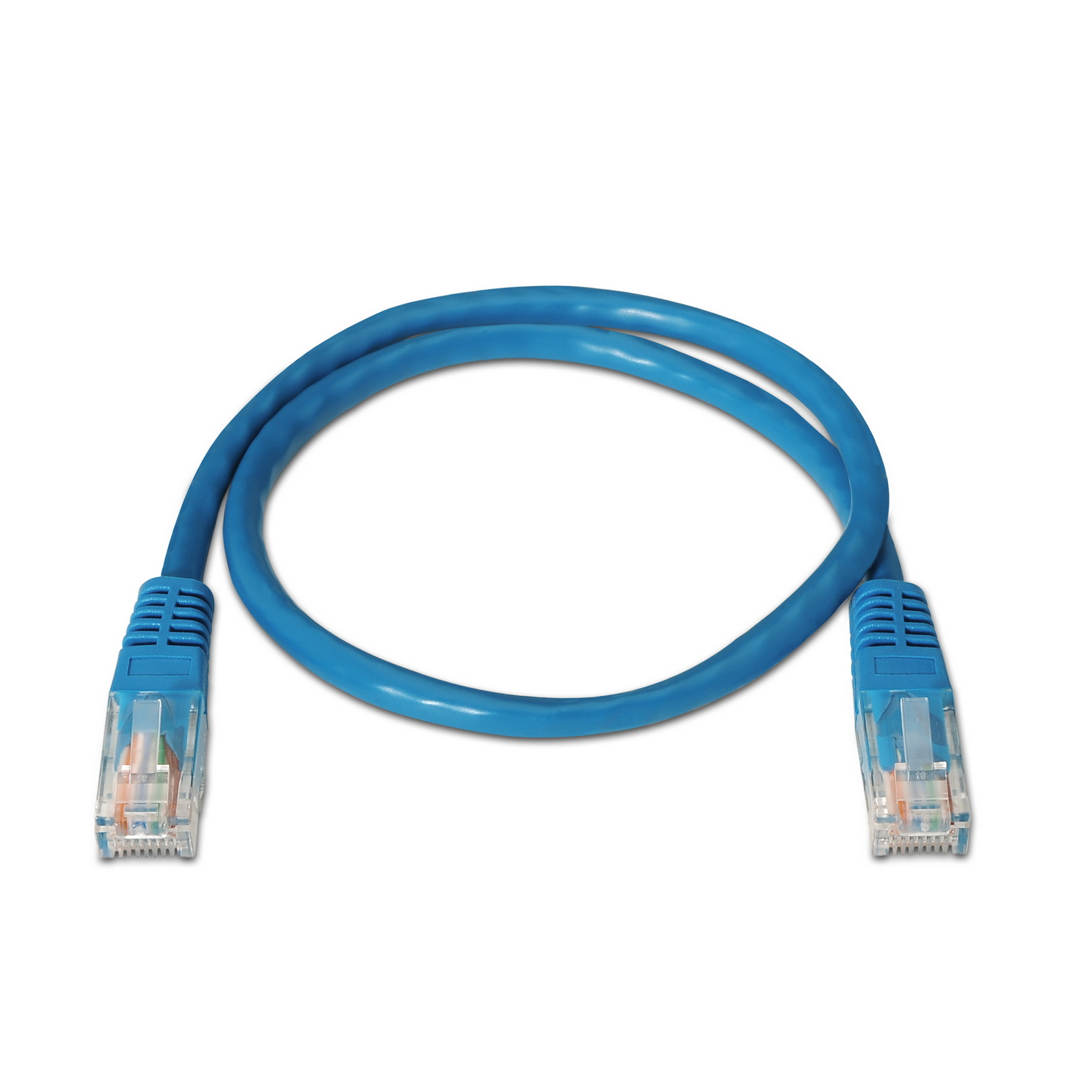 Niebieski kabel Ethernet z przezroczystymi złączami na obu końcach, na białym tle.