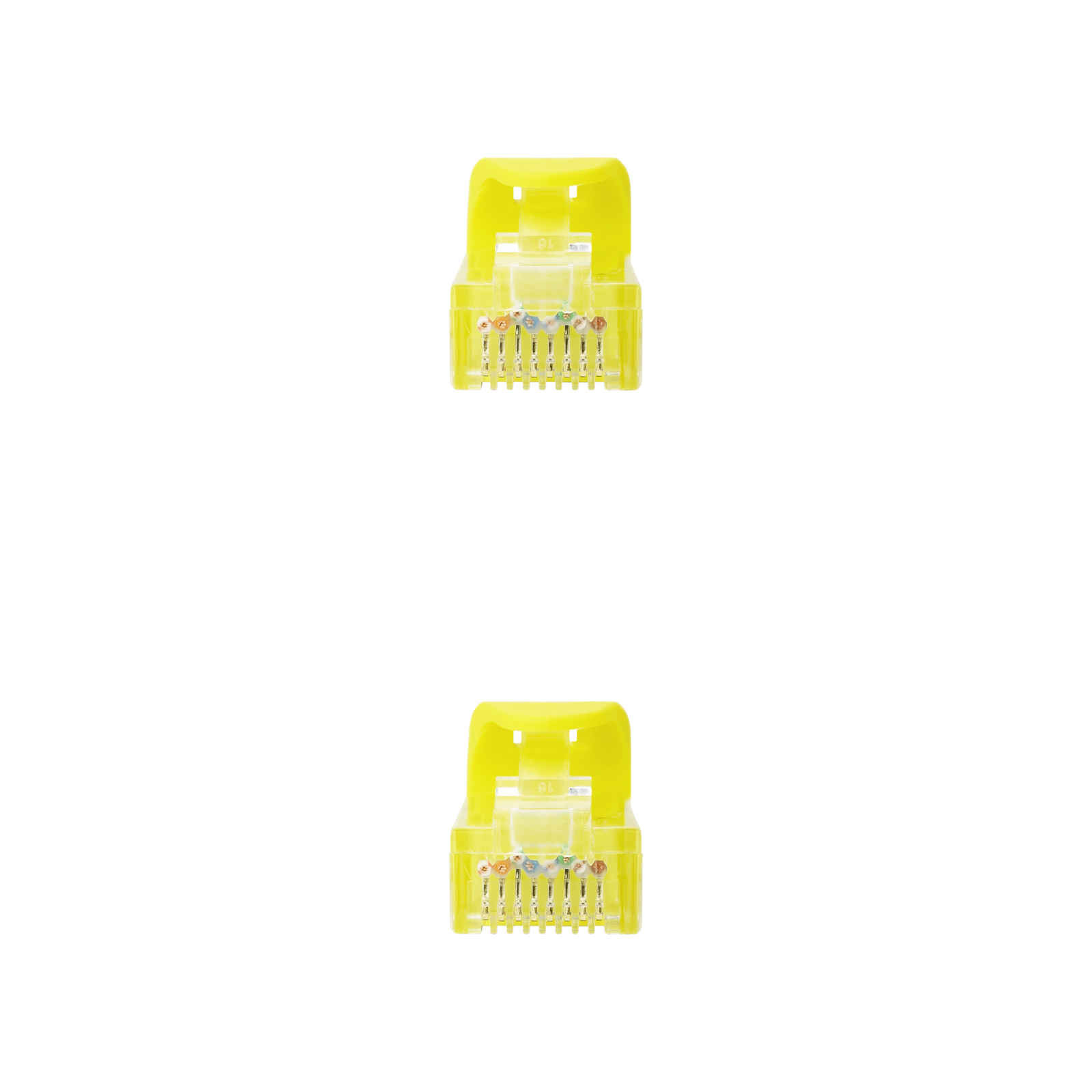 Twee gele RJ45-connectoren op een witte achtergrond.