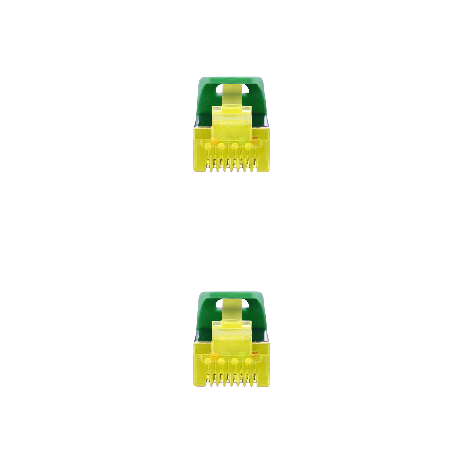 Twee ethernetkabelconnectoren, groen en geel, op een witte achtergrond.
