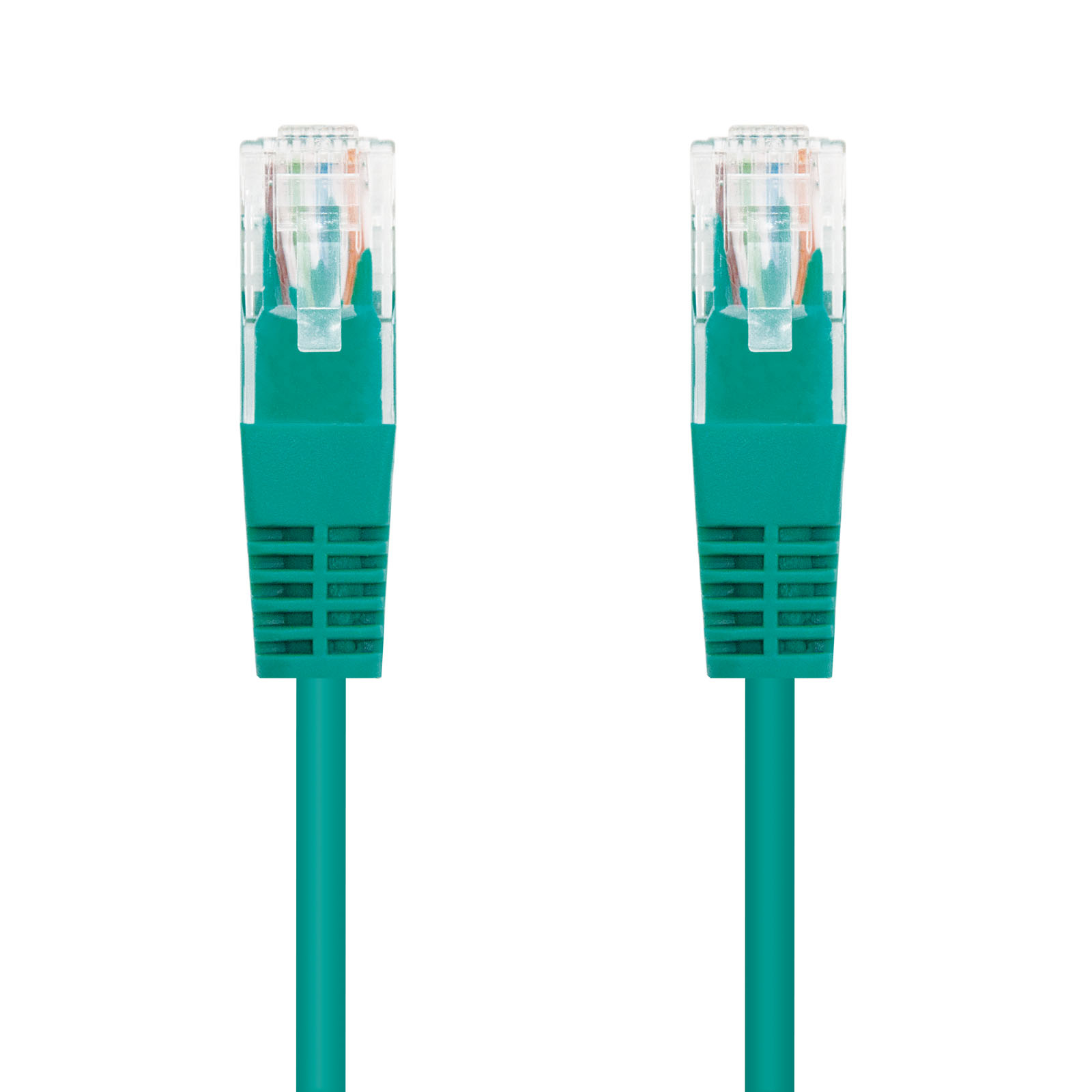 Due cavi di rete verde acqua con connettori trasparenti su sfondo bianco.