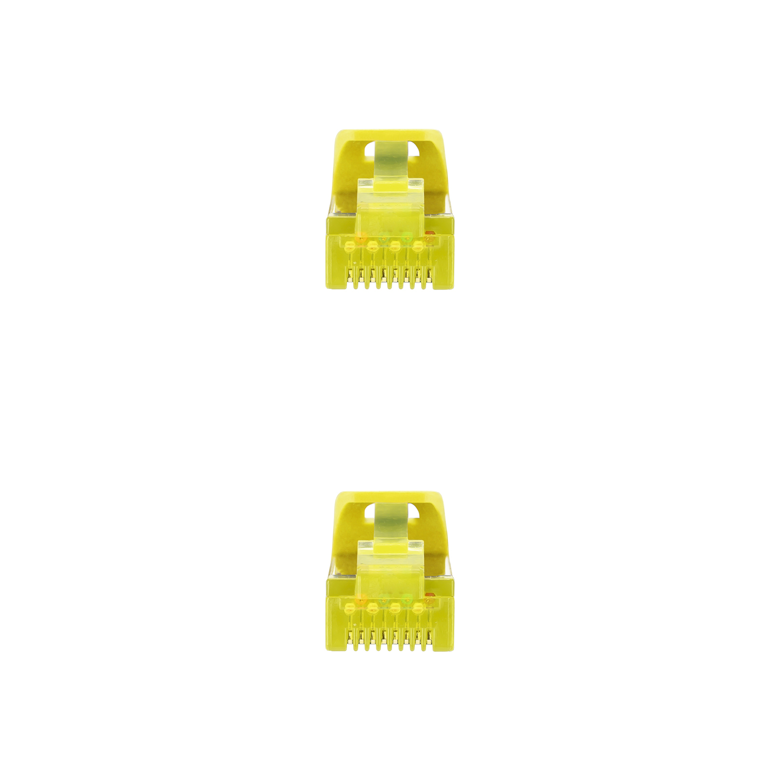 Twee gele RJ45-connectoren, bovenaanzicht, op een witte achtergrond, met de pinnen zichtbaar.