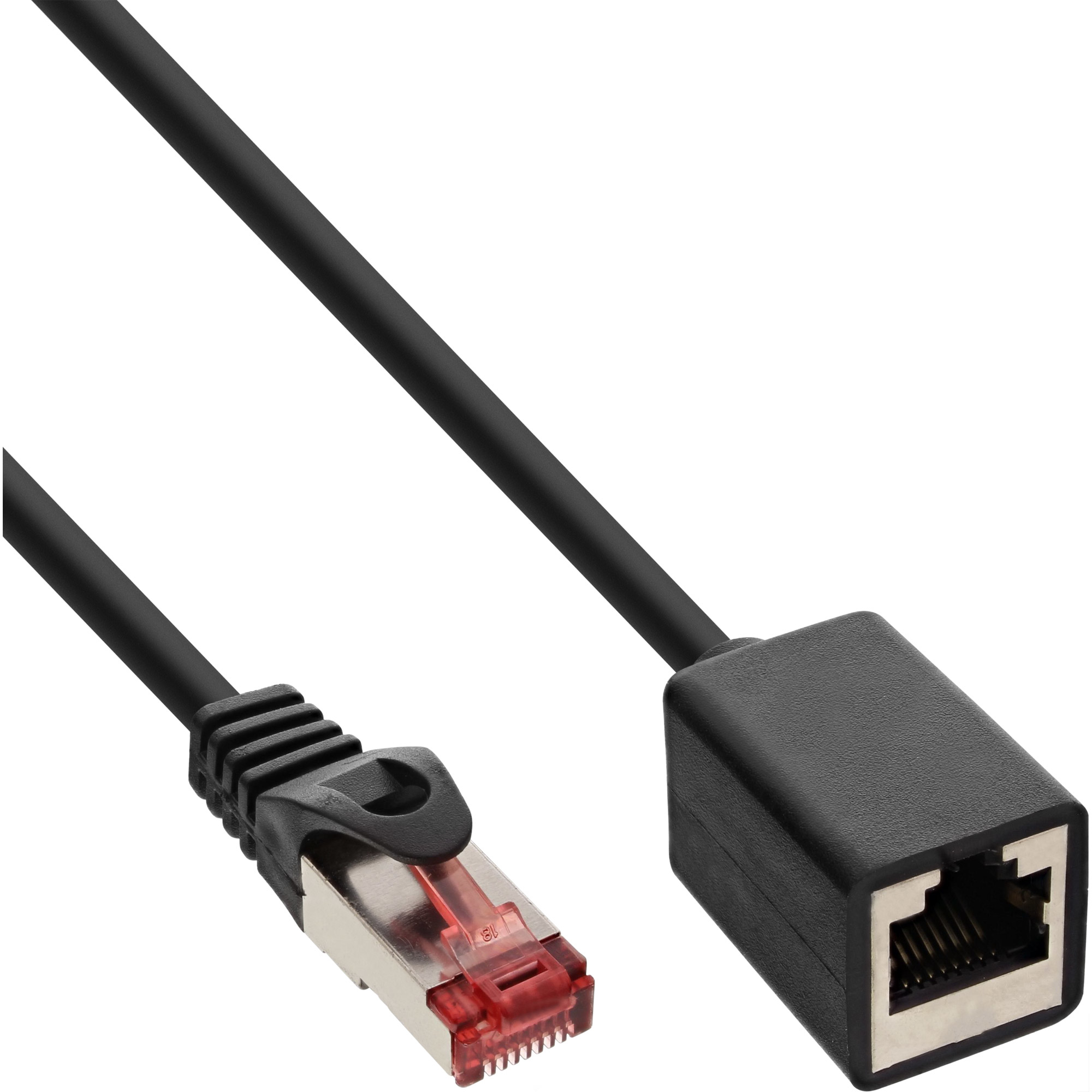 Czarny kabel Ethernet z czerwonym złączem i czarną kwadratową głowicą.