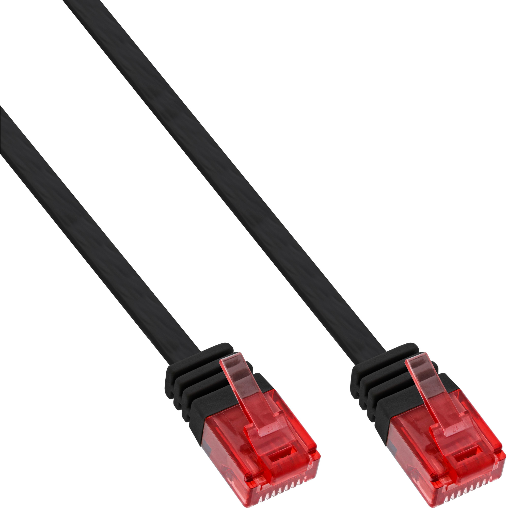 Deux câbles Ethernet noirs avec des connecteurs rouges sur fond blanc.
