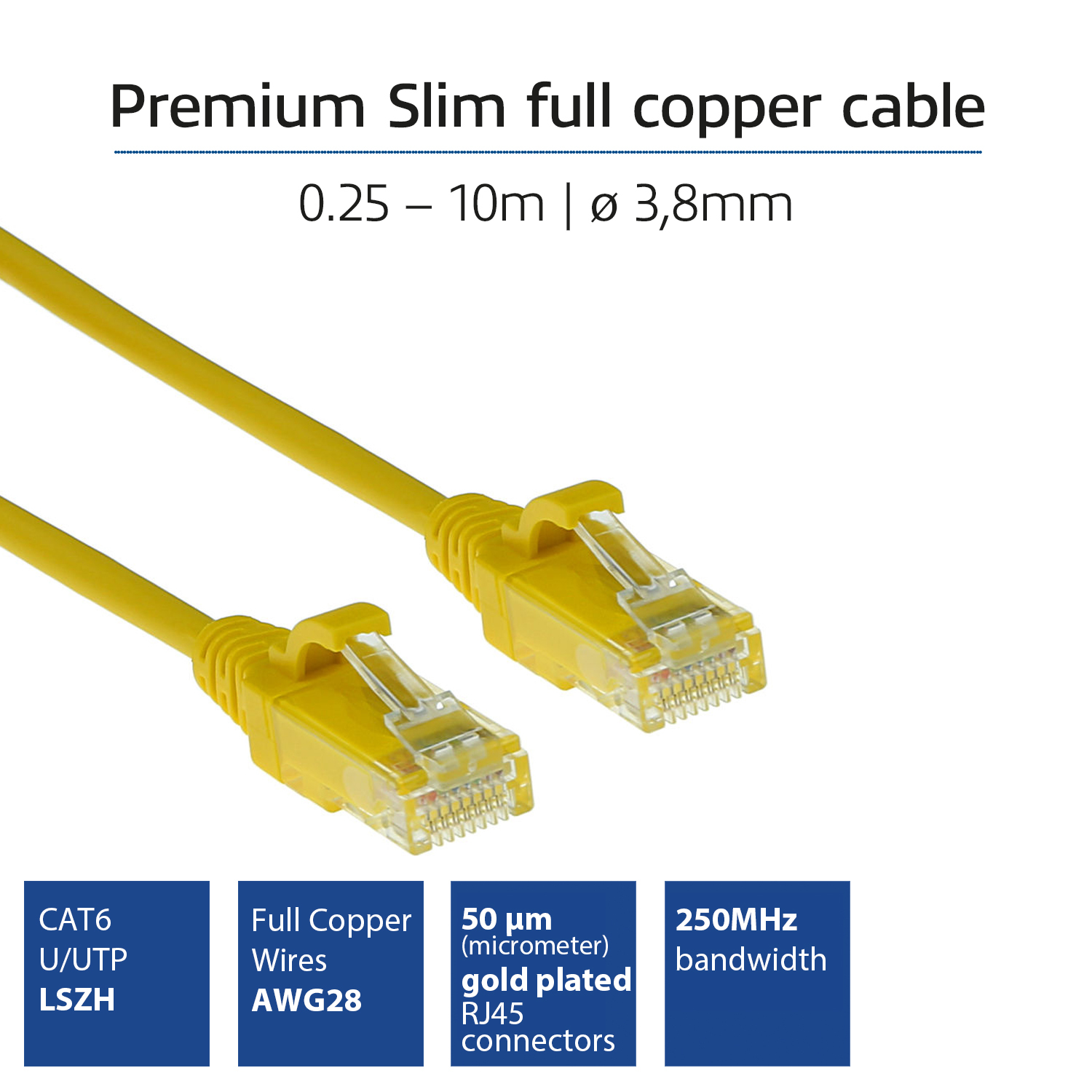 Yellow Ethernet cable with connectors. Text describing cable features. White background.