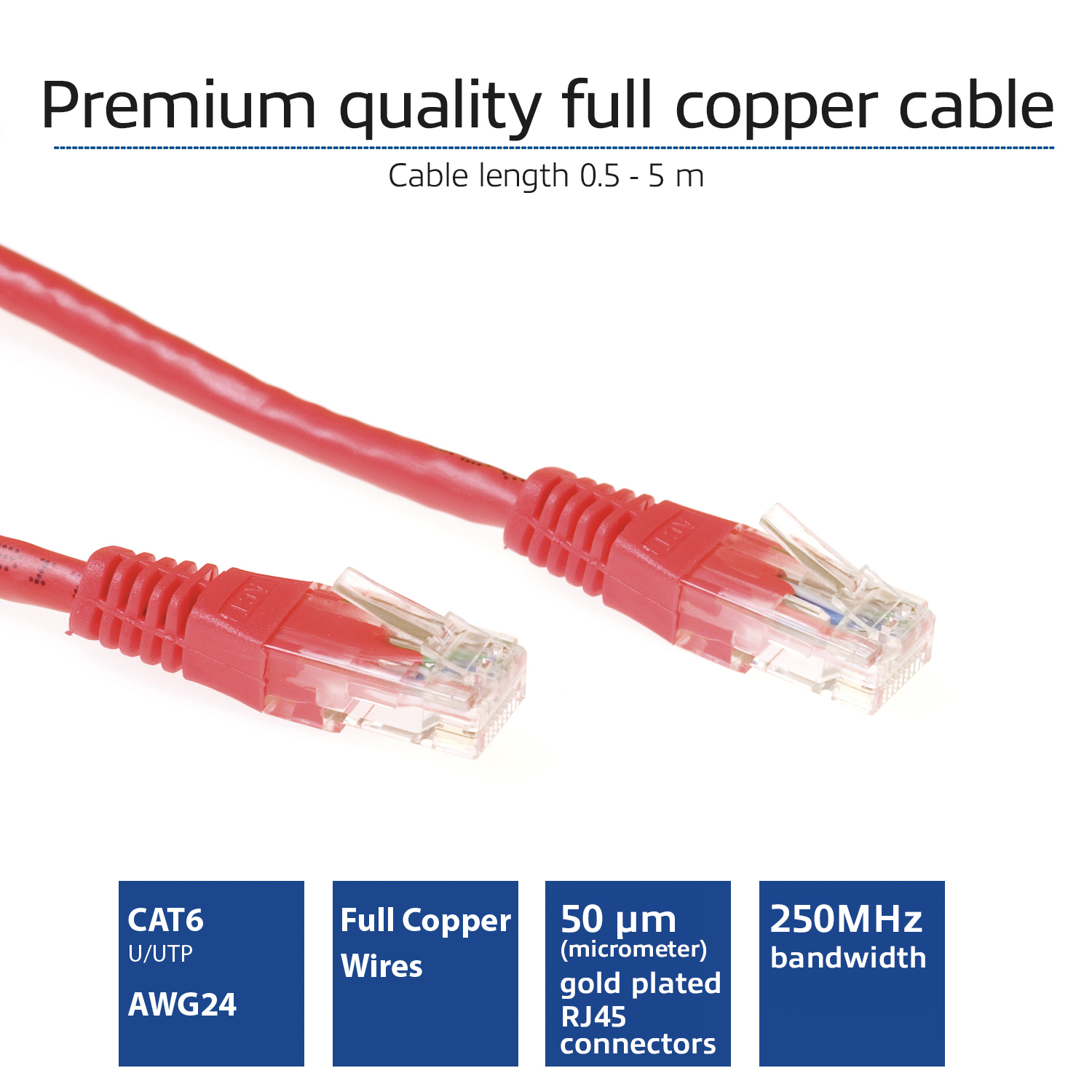 Rode Ethernet-kabel met connectoren en tekst over draad- en connector details.