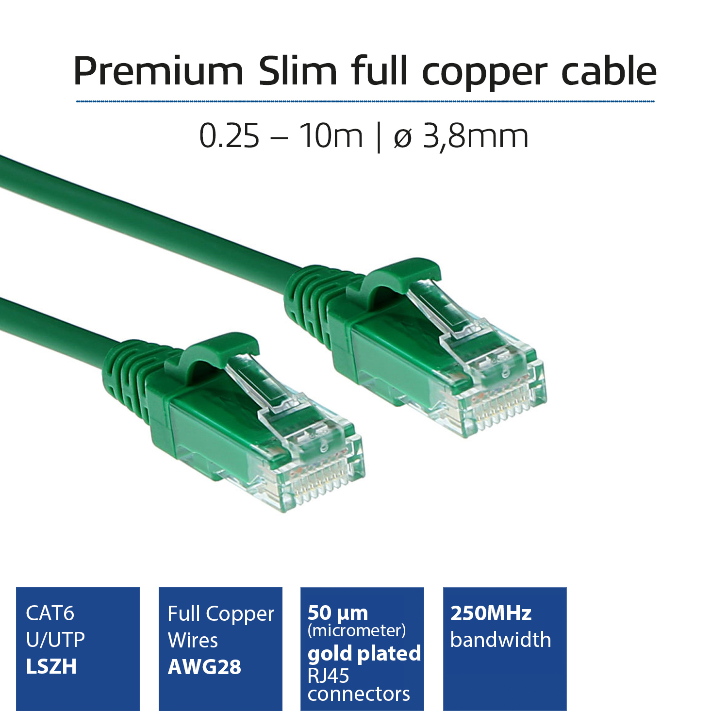 Cavo Ethernet verde con connettori. Testo: premium, rame pieno, 0.25-10m, CAT6, RJ45, 250MHz.
