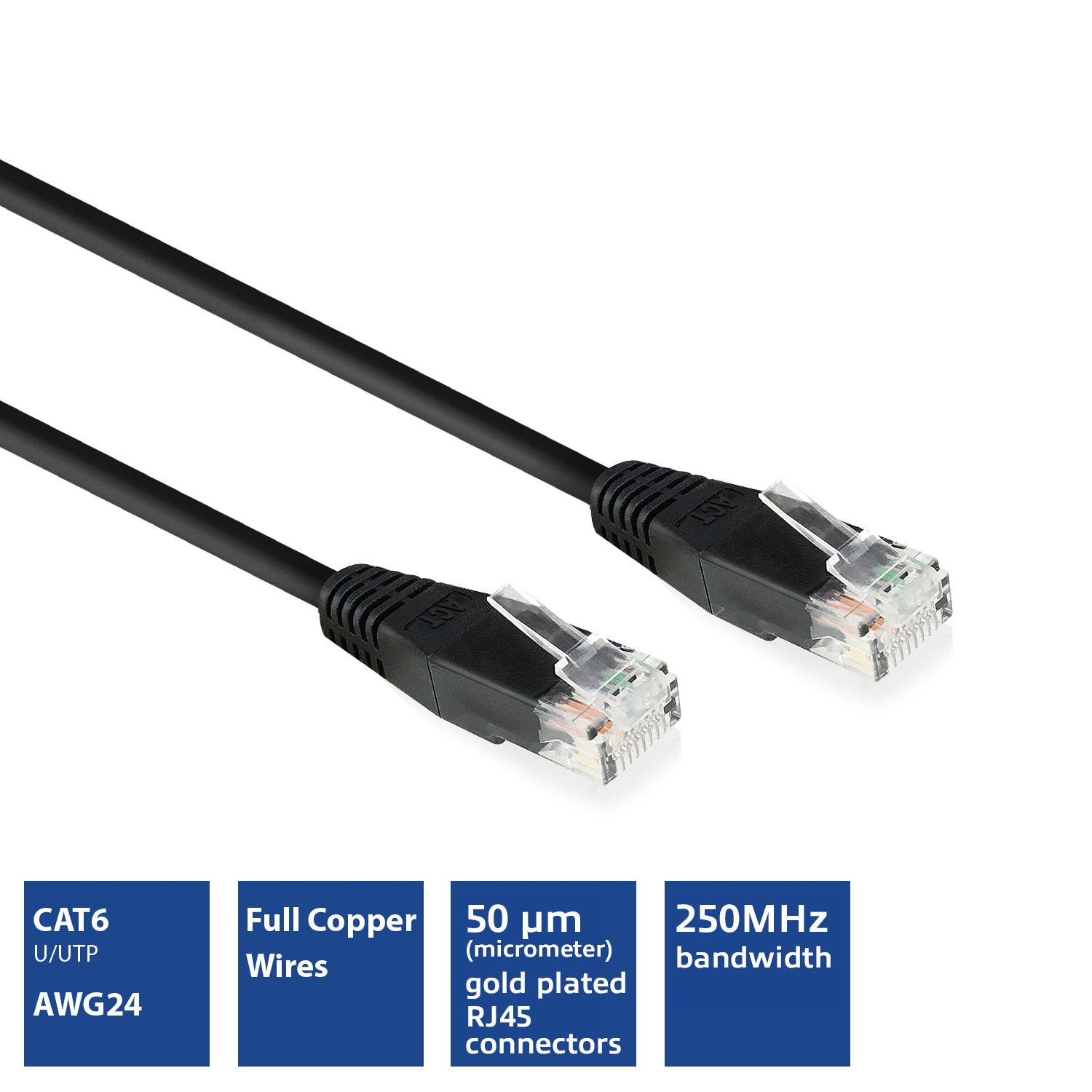 Czarny kabel Ethernet CAT6 U/UTP AWG24 ze złączami i opisowymi etykietami.