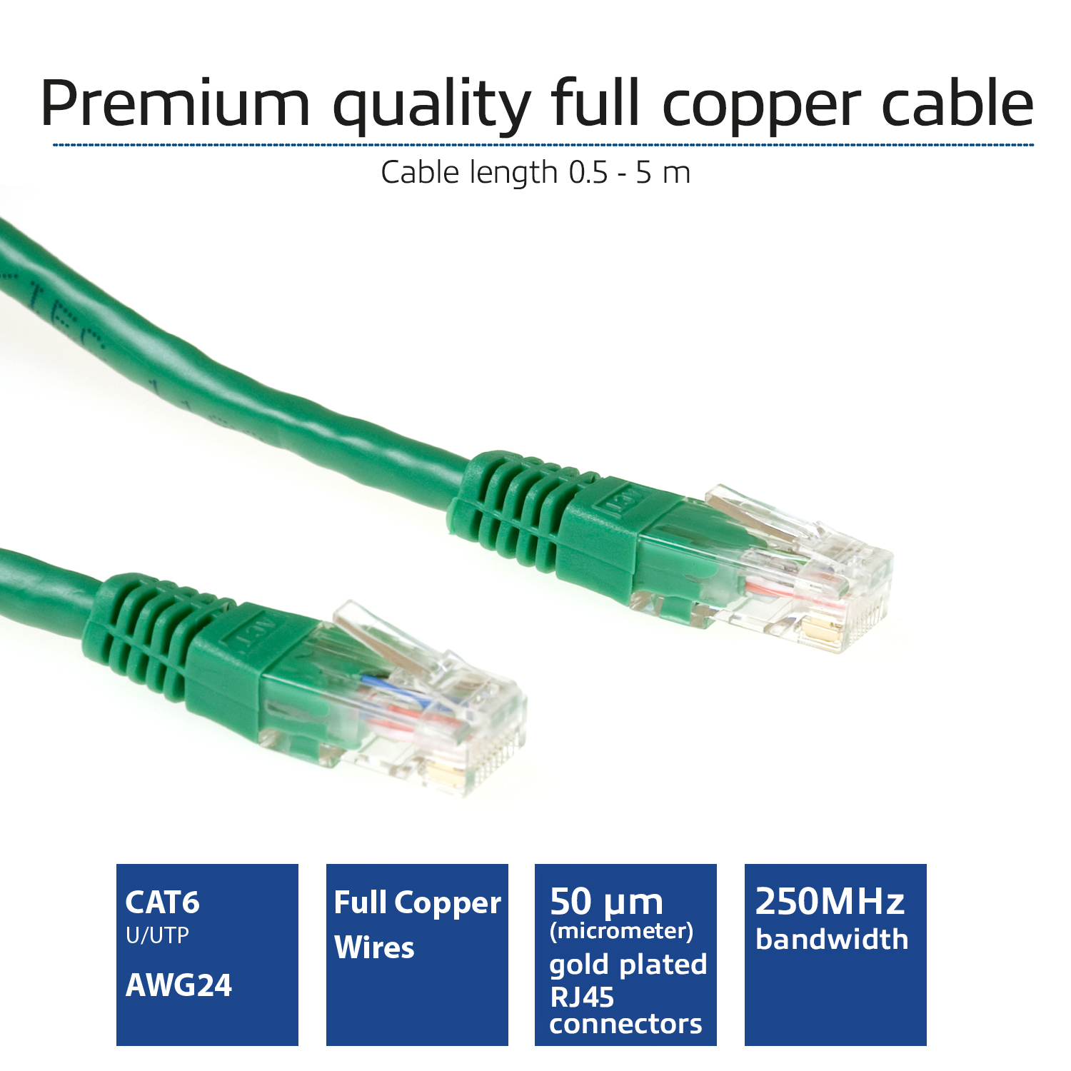 Câble Ethernet vert avec connecteurs, texte: 'Câble en cuivre de qualité supérieure', CAT6, AWG24.