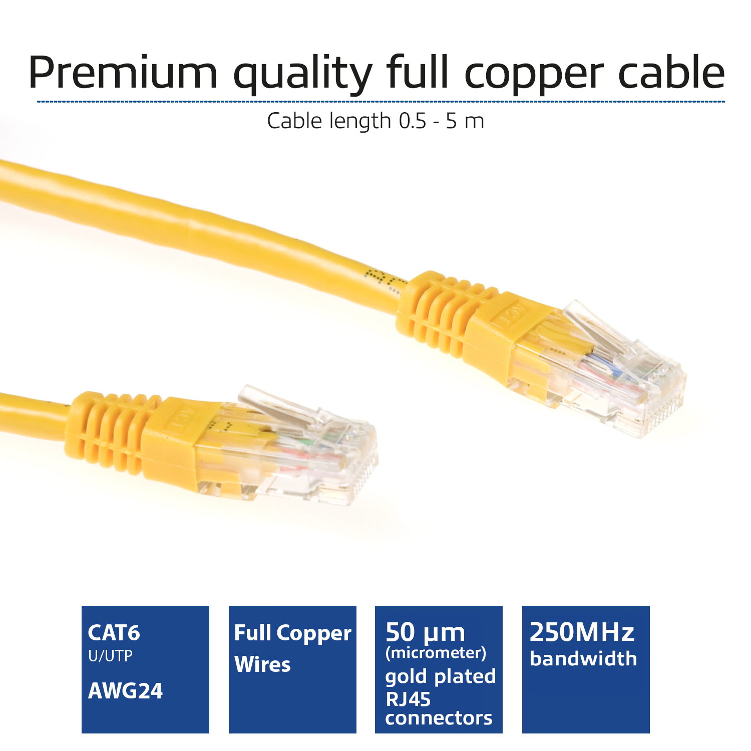 Câble Ethernet jaune avec connecteurs RJ45. Texte indique la longueur du câble 0,5-5 m. Étiquettes: CAT6, cuivre complet, or 50 µm.