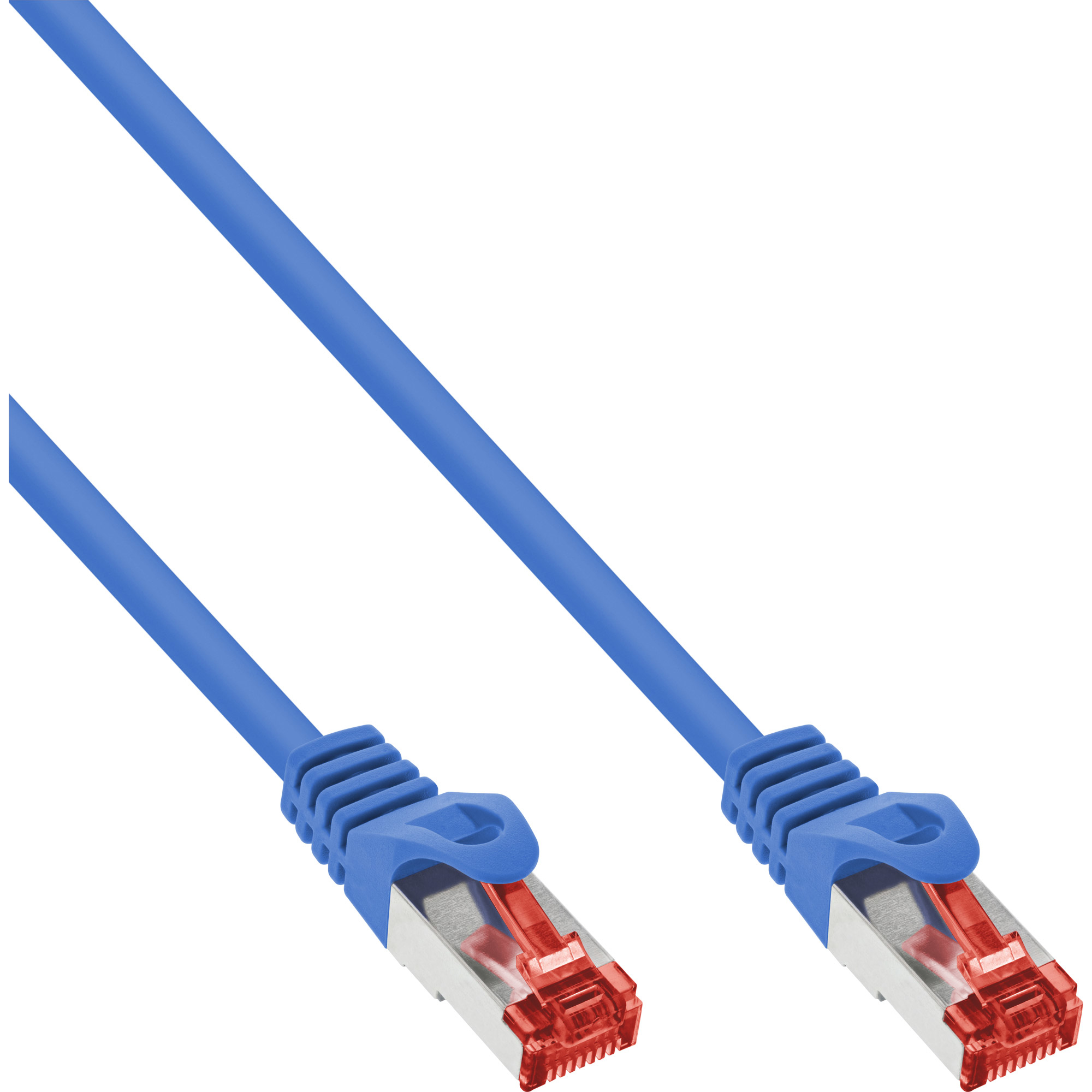 Cavo Ethernet blu con connettori rossi.