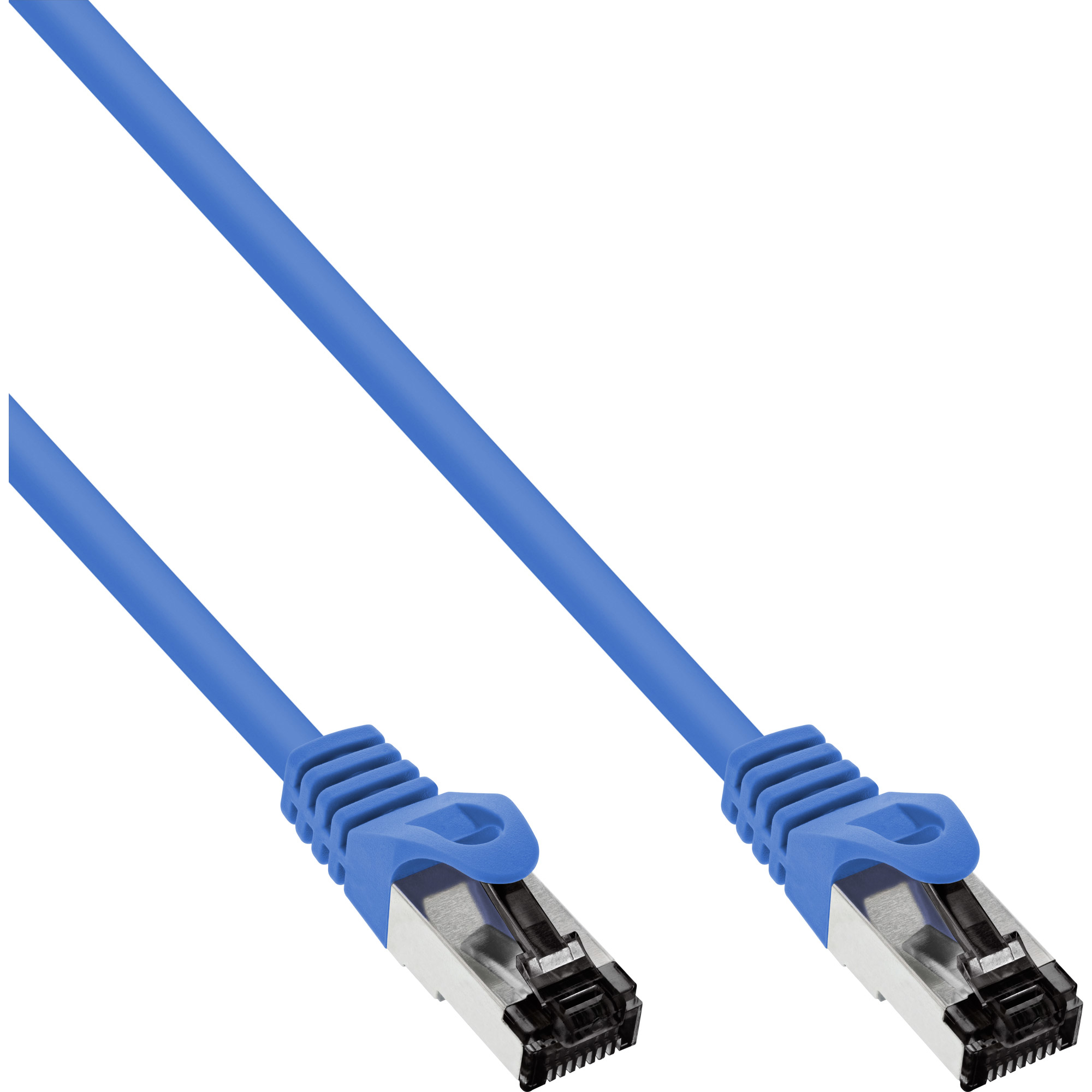 Blauwe ethernetkabel met blauwe connectoren.