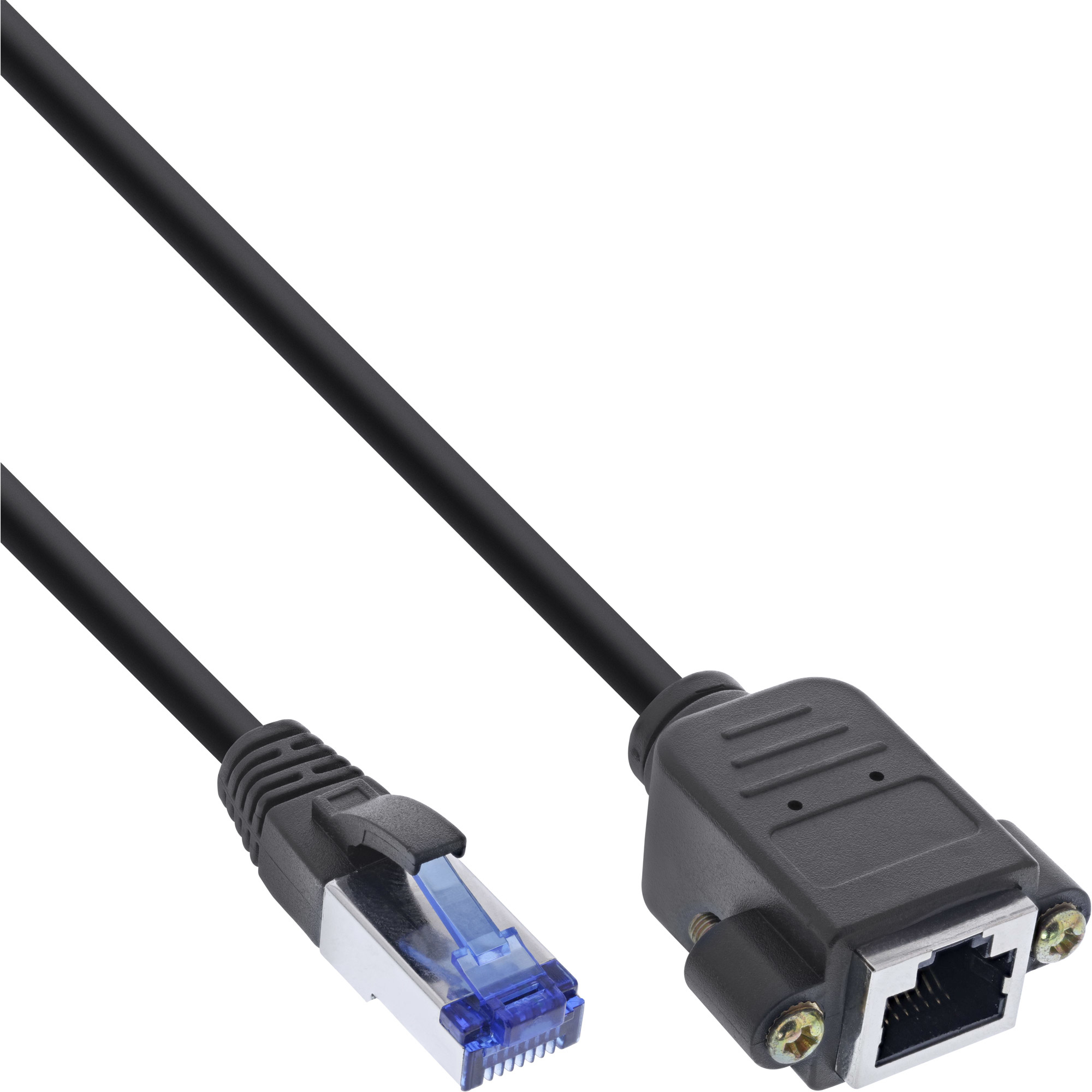 Zwarte netwerkkabel met RJ45- en DB9-connectoren op een witte achtergrond.