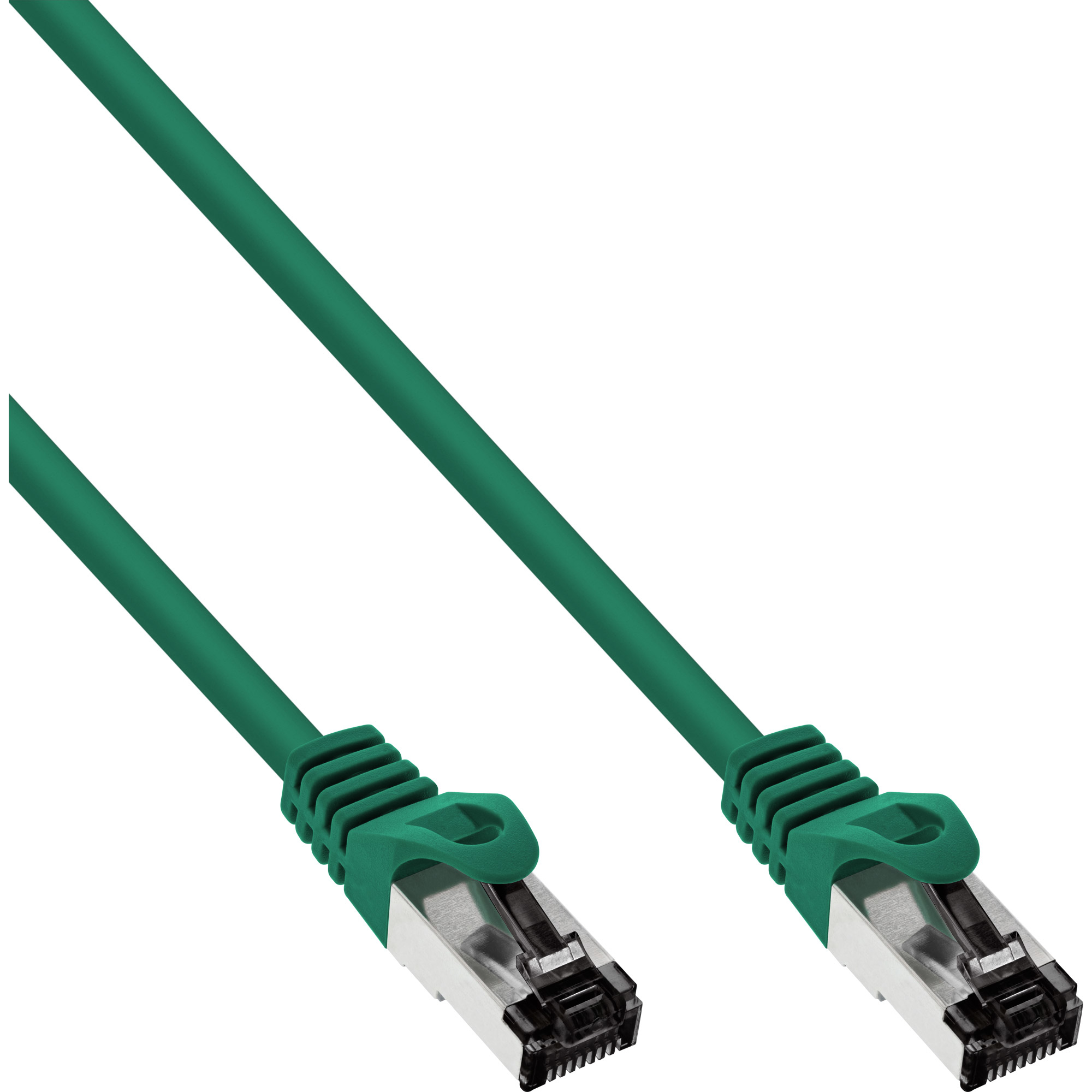 Twee groene Ethernet-kabels met zilveren connectoren.