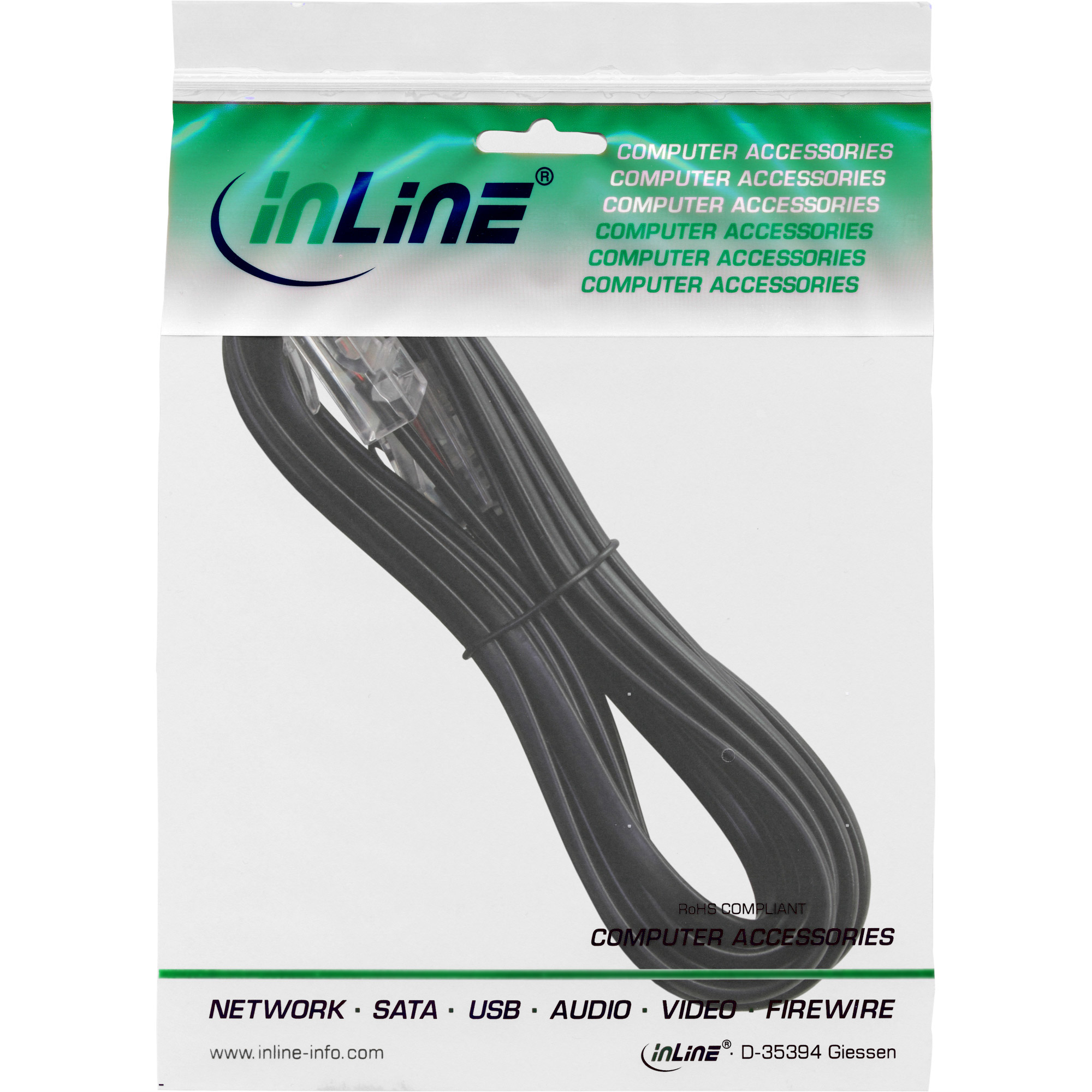 Transparente Plastiktüte mit schwarzem Kabel. Text: Computerzubehör. Weißer Hintergrund.