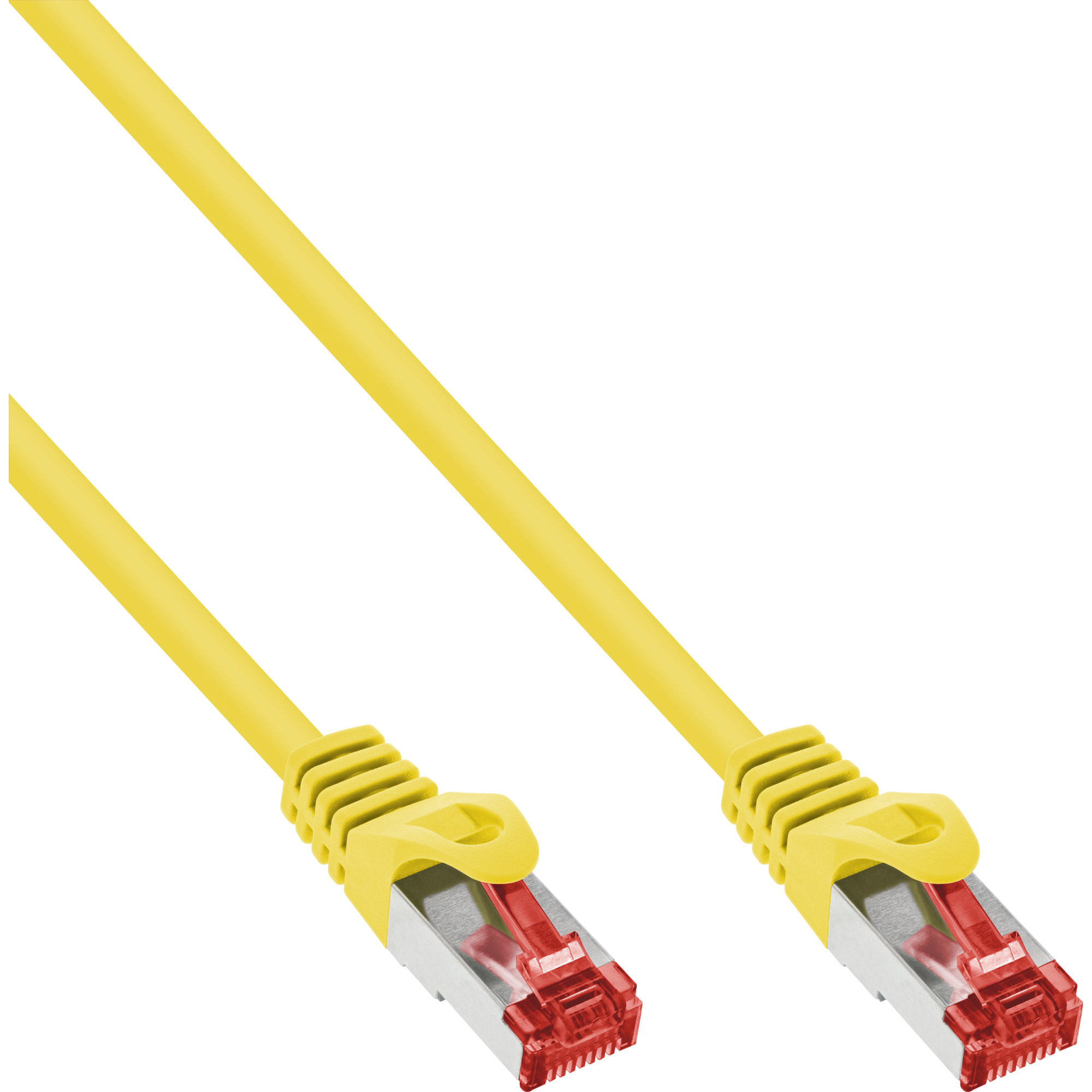 Câble Ethernet jaune avec connecteurs rouges. Il est sur un fond blanc.