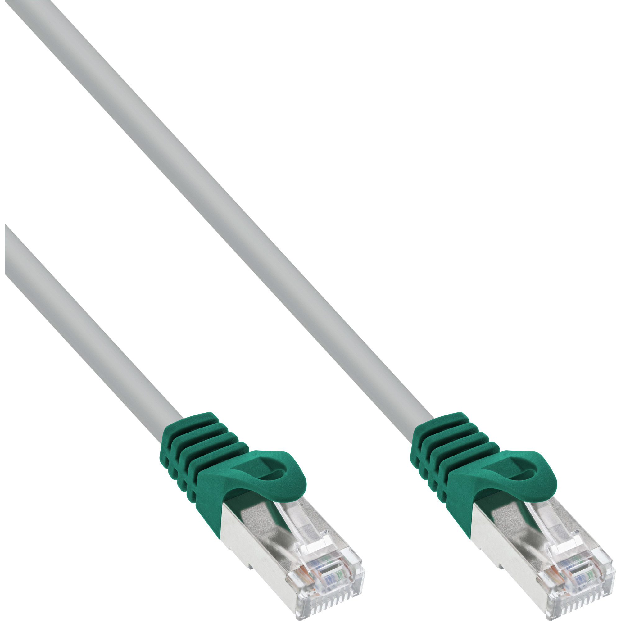 Due cavi Ethernet grigi. Estremità connettore verdi.